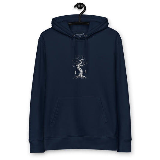 Sustainable dark blue heavyweight organic cotton hoodie with minimalist Nordic kelo pine tree design by Novapuro.