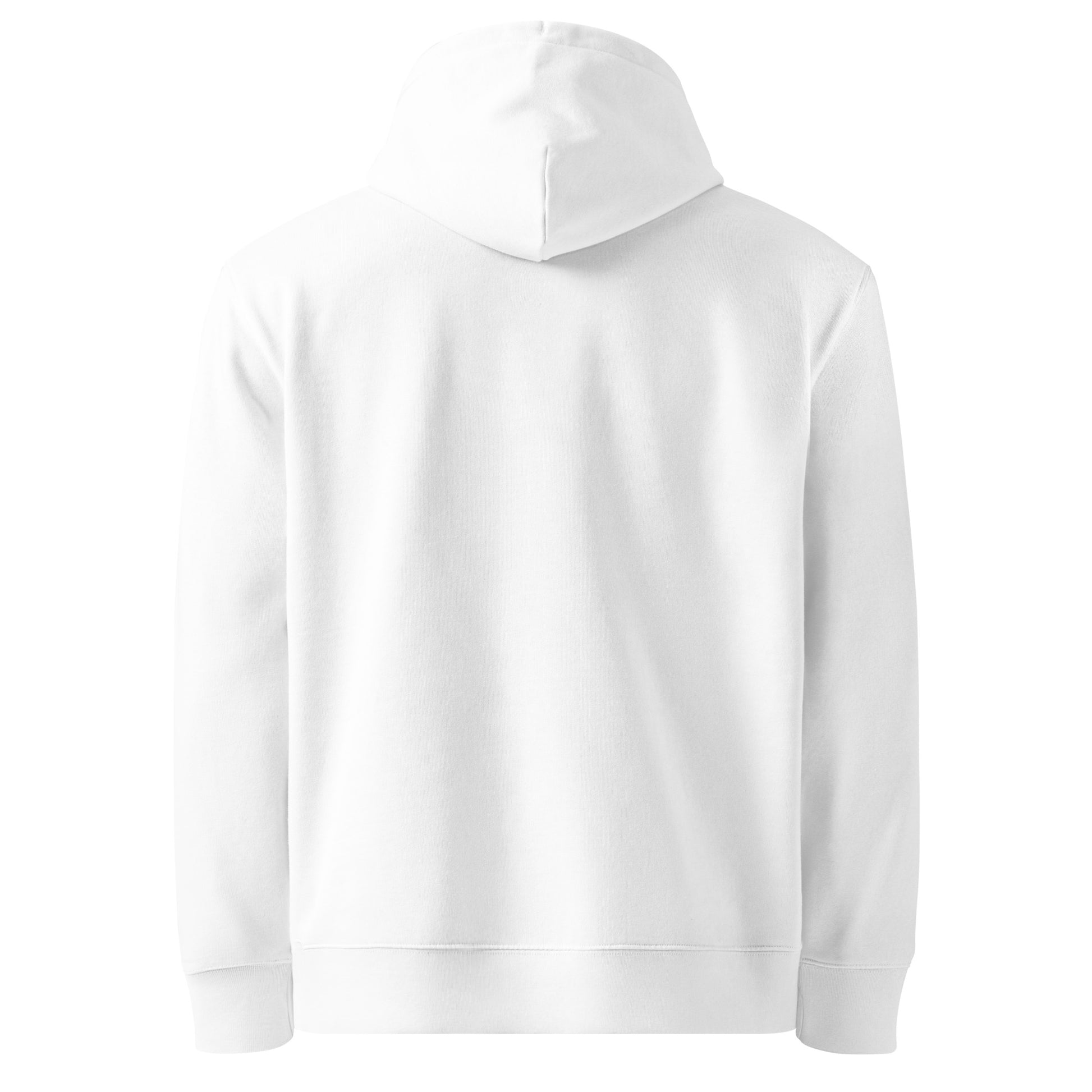 Faithful Friend Premium Organic Hoodie in White - Features a vintage-style athletic dog illustration on a sunlit Nordic forest path.