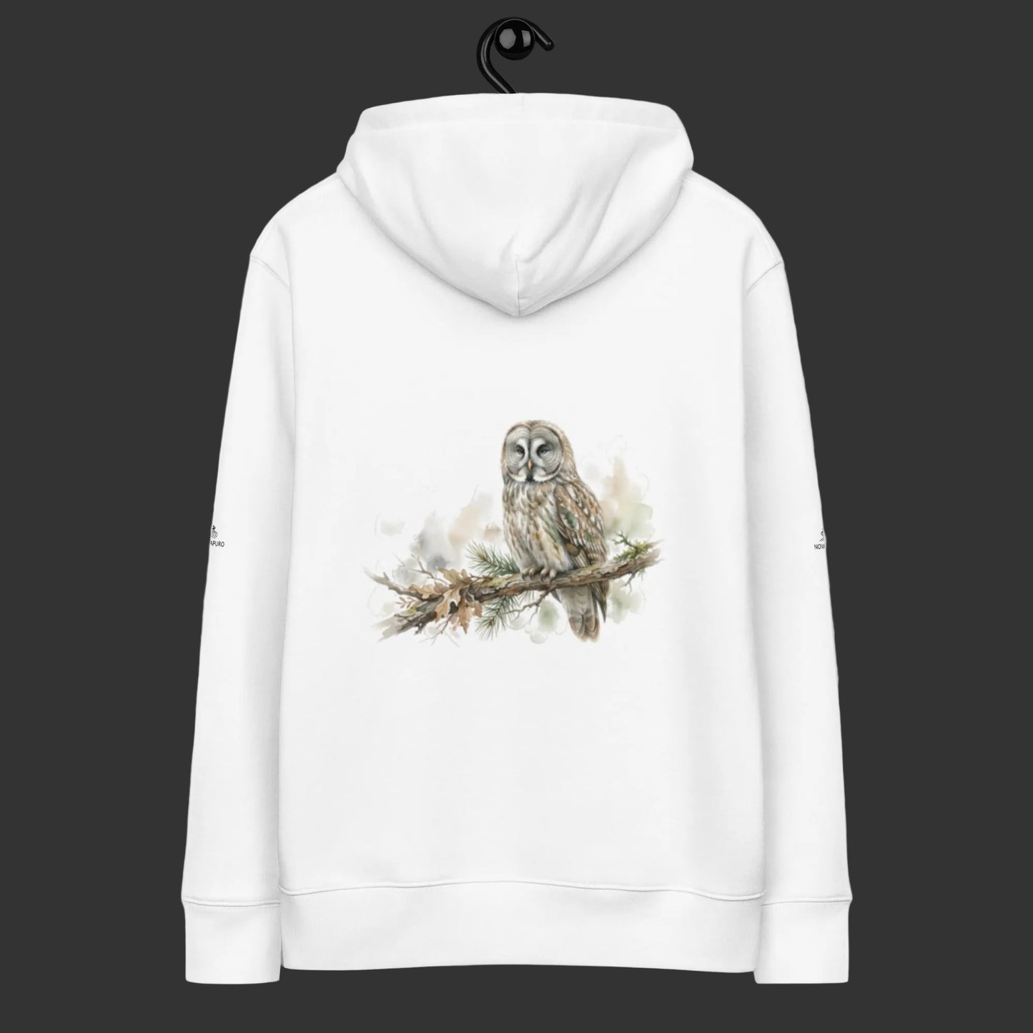 A premium white organic cotton hoodie featuring a beautiful watercolor painting of a Nordic owl on the back and subtle brand logos on the sleeves.