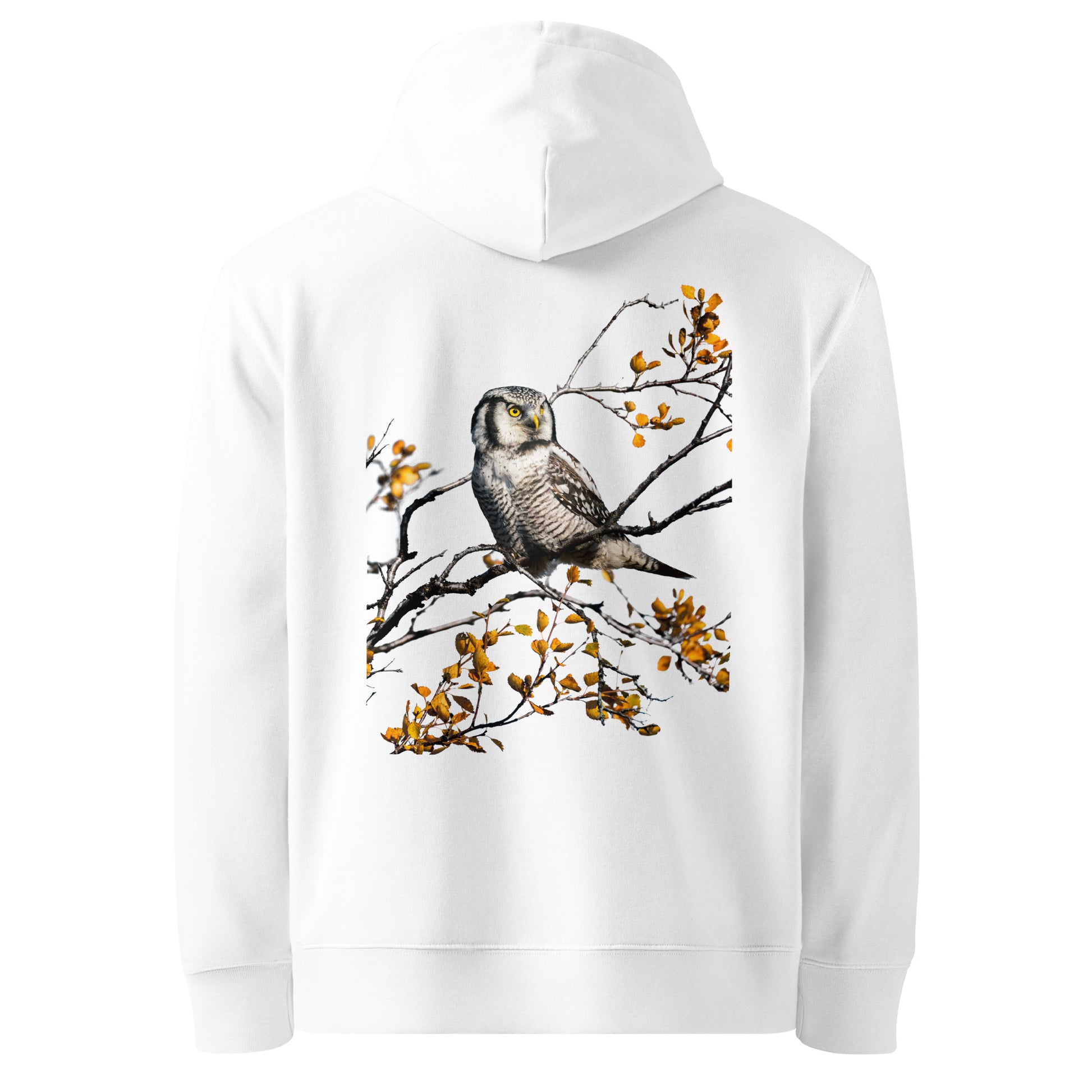 Back view of a female model wearing the white Jetro Luhtaa x Novapuro organic hoodie featuring a stunning Nordic owl back print.