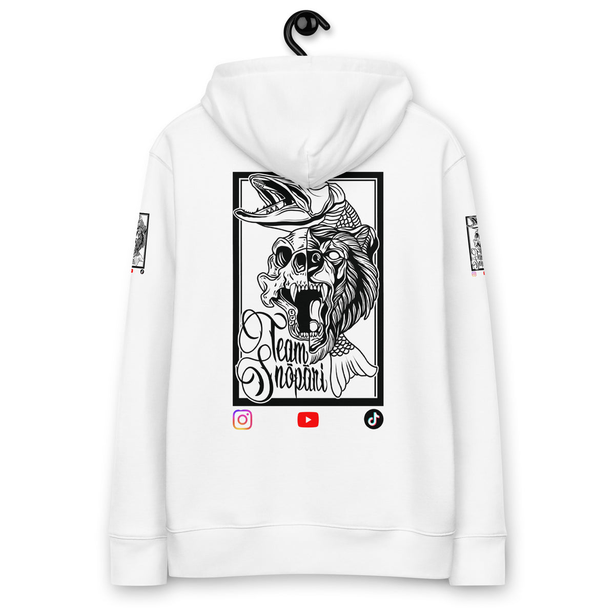 Sand colored Team Snöpäri organic eco hoodie from the back, featuring the large dark classic Team Snöpäri logo, Novapuro sustainable Nordic streetwear.   