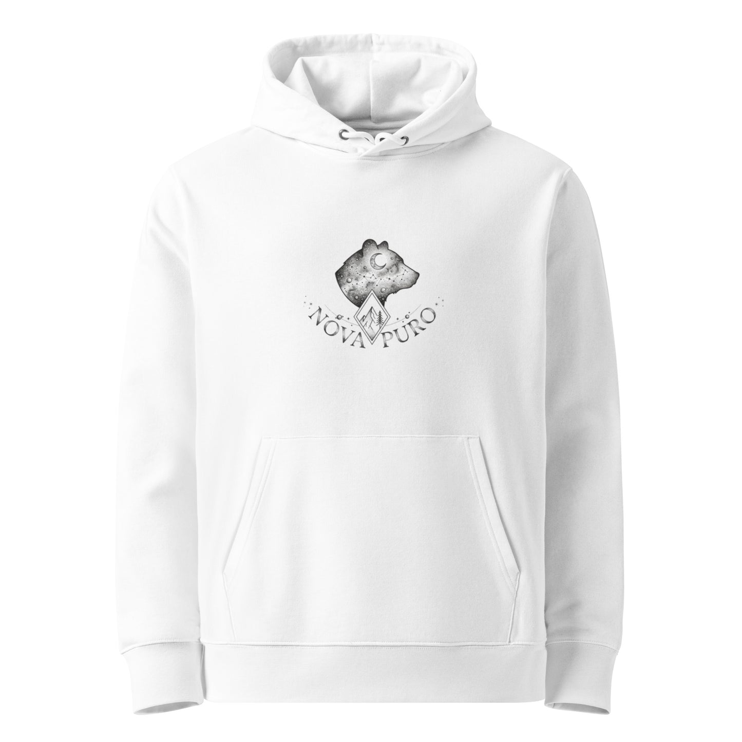 White premium organic cotton hoodie featuring a minimalist double exposure Cosmic Bear graphic. Sustainable Nordic streetwear.
