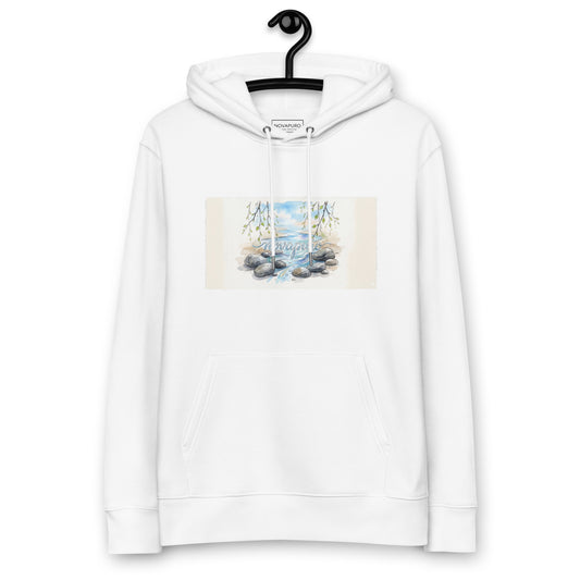 White unisex organic cotton hoodie featuring a serene watercolor illustration of a Nordic forest stream, smooth stones, and green birch leaves.