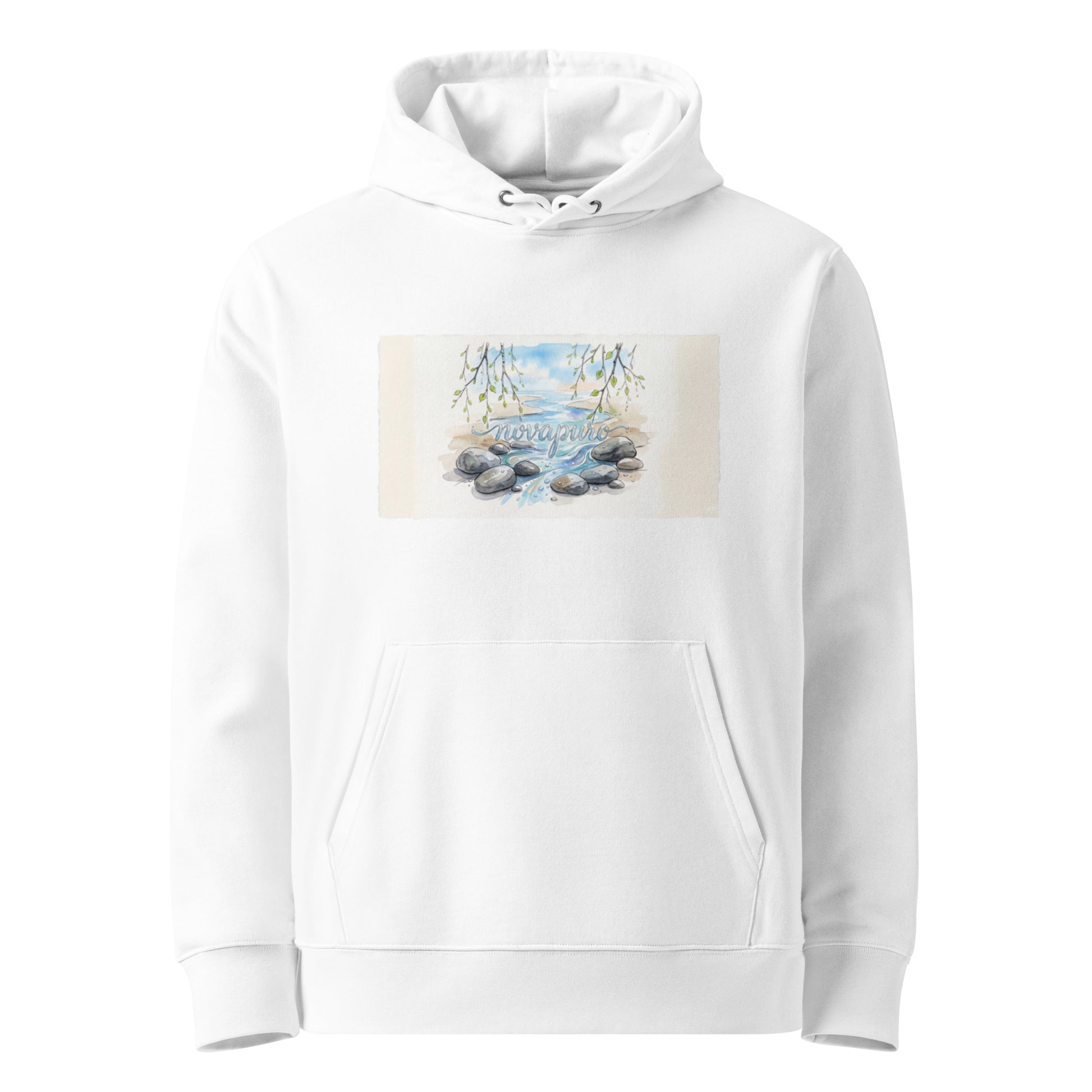 White unisex organic cotton hoodie featuring a serene watercolor illustration of a Nordic forest stream, smooth stones, and green birch leaves.