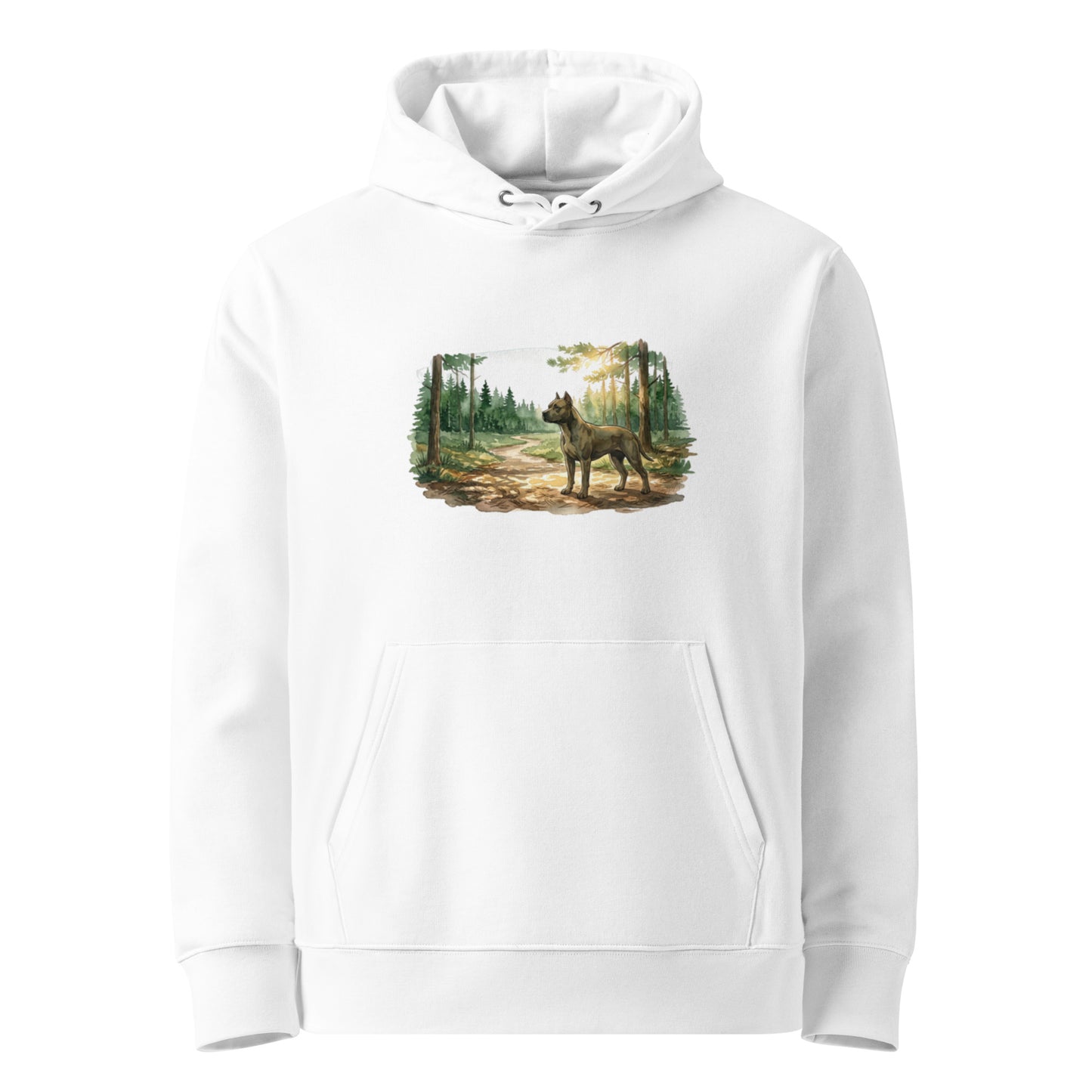 Faithful Friend Premium Organic Hoodie in White - Features a vintage-style athletic dog illustration on a sunlit Nordic forest path.