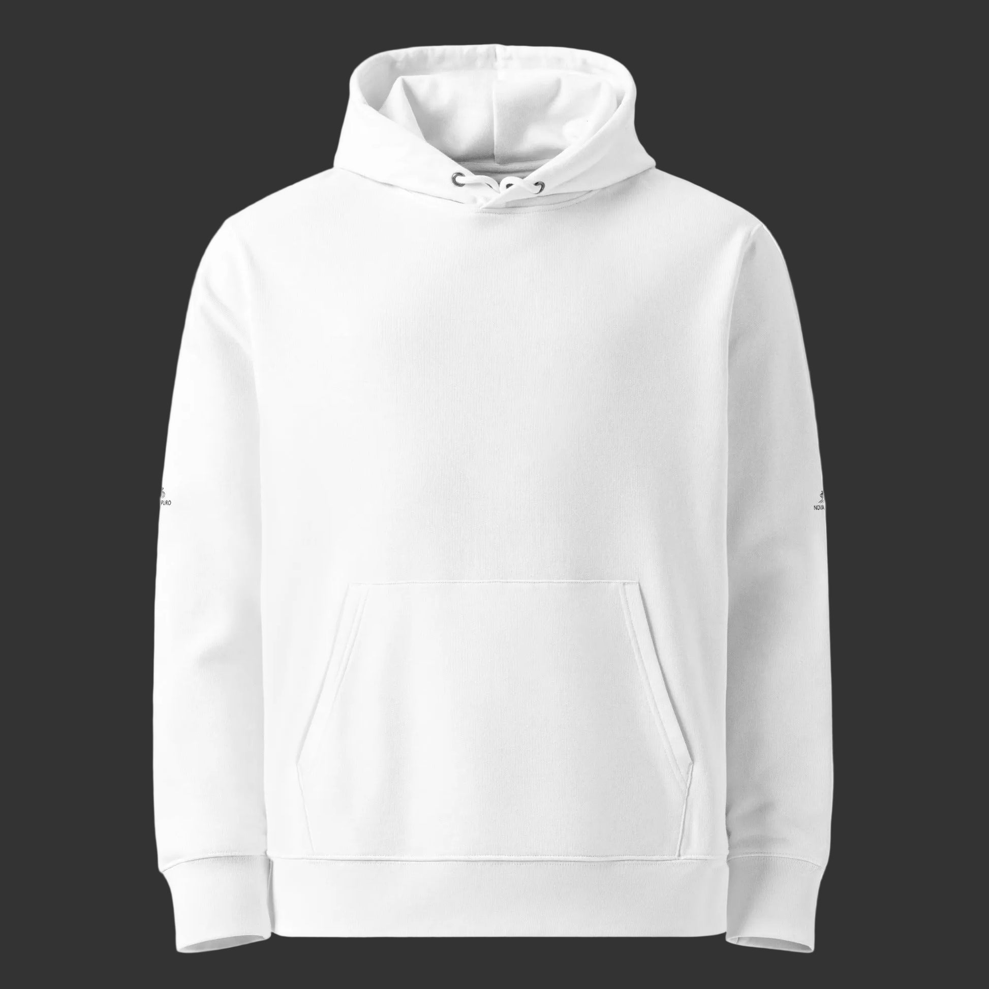 A premium white organic cotton hoodie featuring a beautiful watercolor painting of a Nordic owl on the back and subtle brand logos on the sleeves.