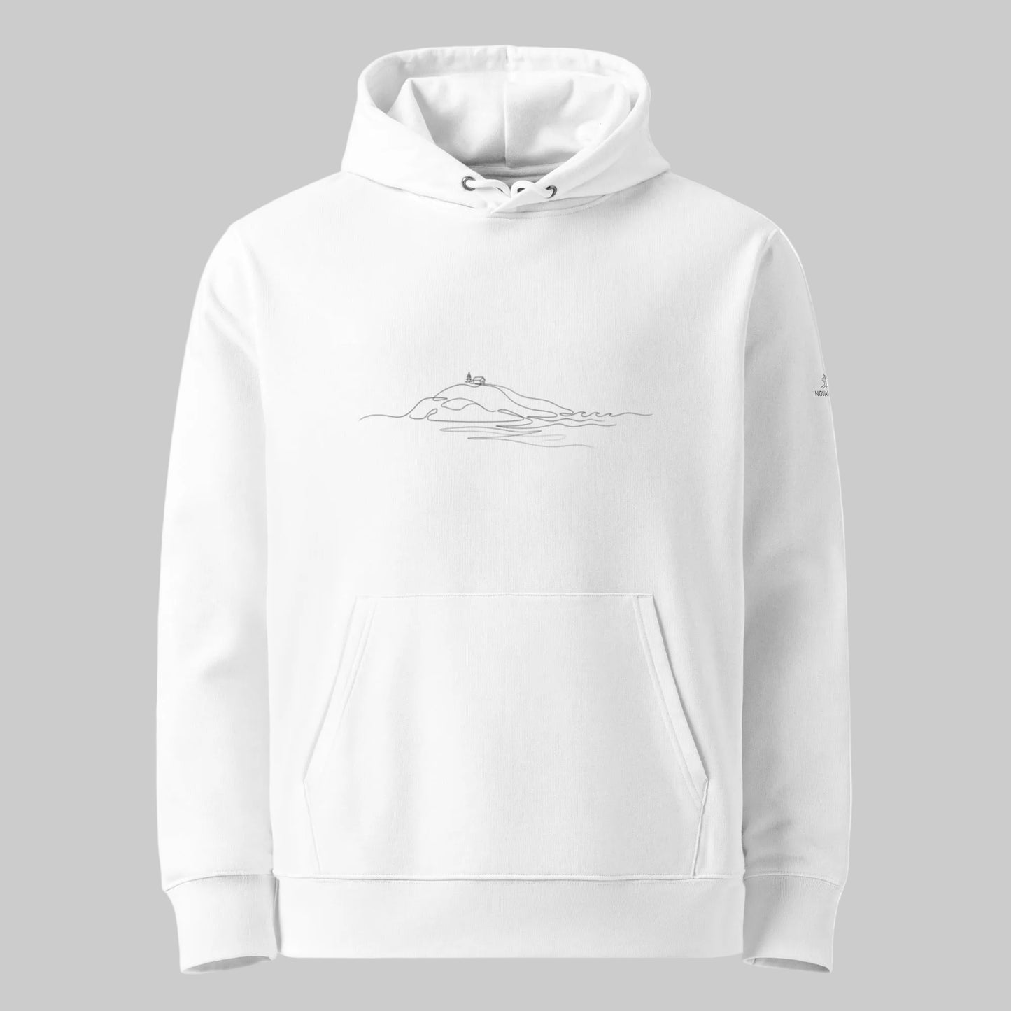 Model wearing the crisp White Novapuro Archipelago Breeze 100% organic cotton eco hoodie