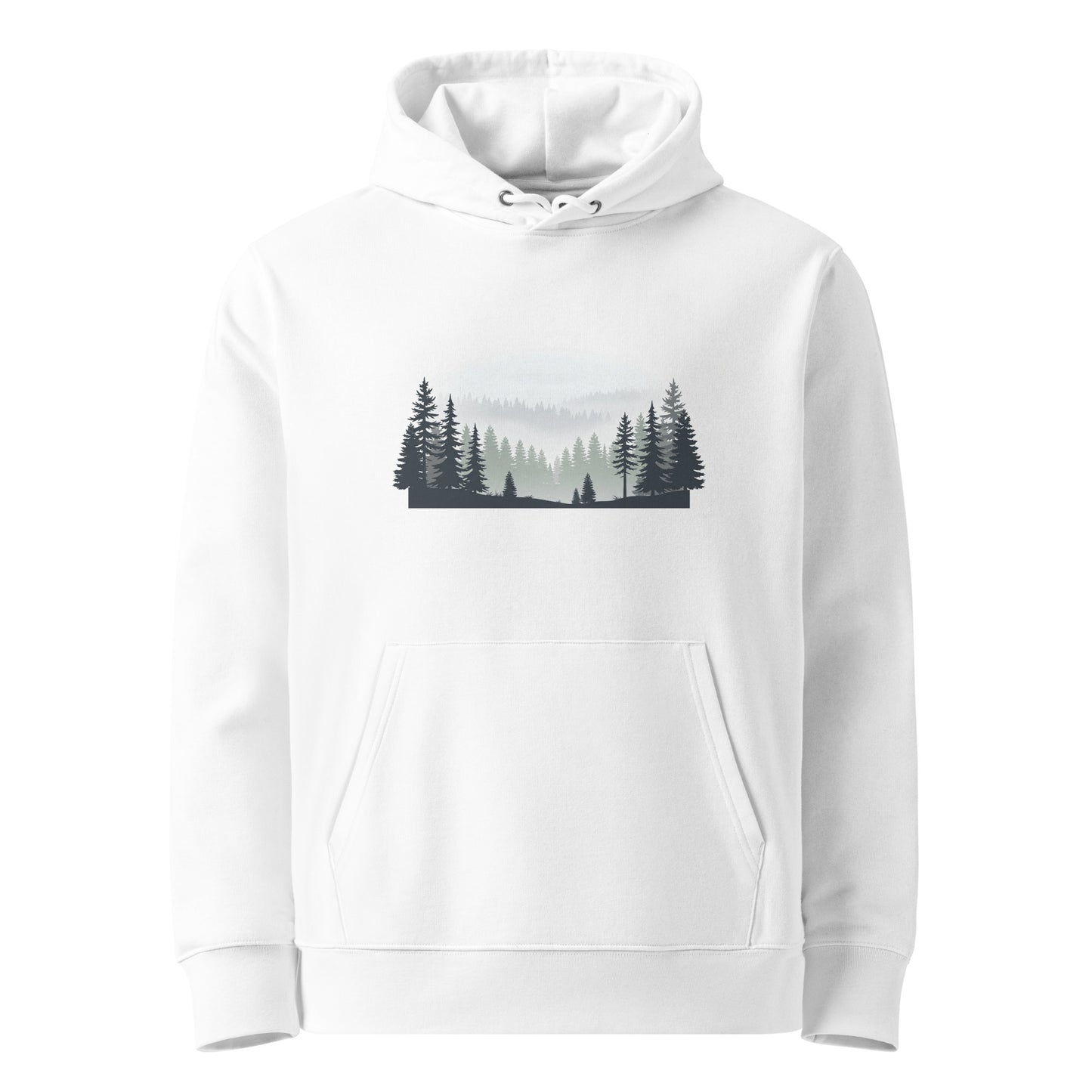 Minimalist Nordic pine forest silhouette graphic on a white eco-friendly premium organic cotton hoodie by Novapuro.