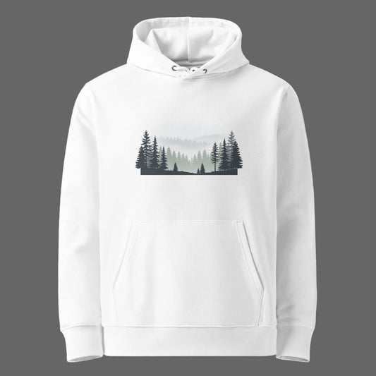 Minimalist Nordic pine forest silhouette graphic on a white eco-friendly premium organic cotton hoodie by Novapuro.