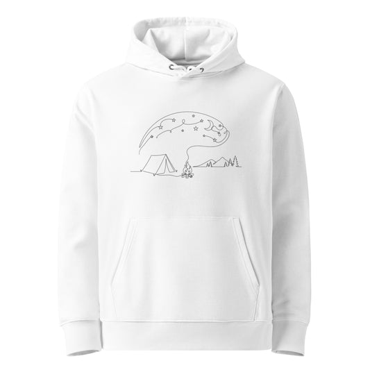 Front view of the white Novapuro organic cotton hoodie featuring a minimalist starry night campfire line art design.