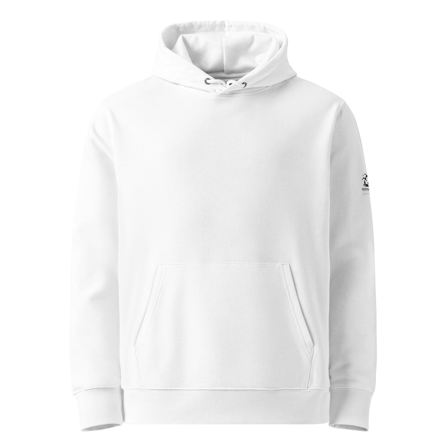 Front view of the minimalist sand-colored organic cotton eco hoodie featuring a subtle chest emblem from the Novapuro x Jarno Virtanen collection.