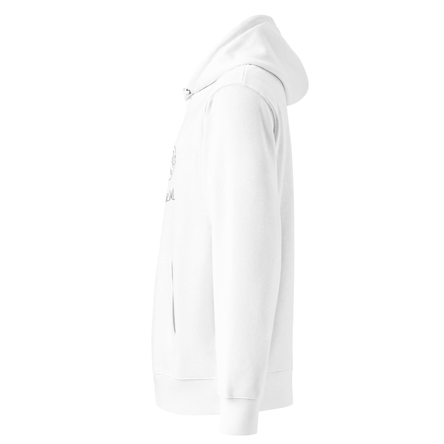 Close-up of the continuous line art camping graphic and double-layered hood on the premium white eco-friendly hoodie.
