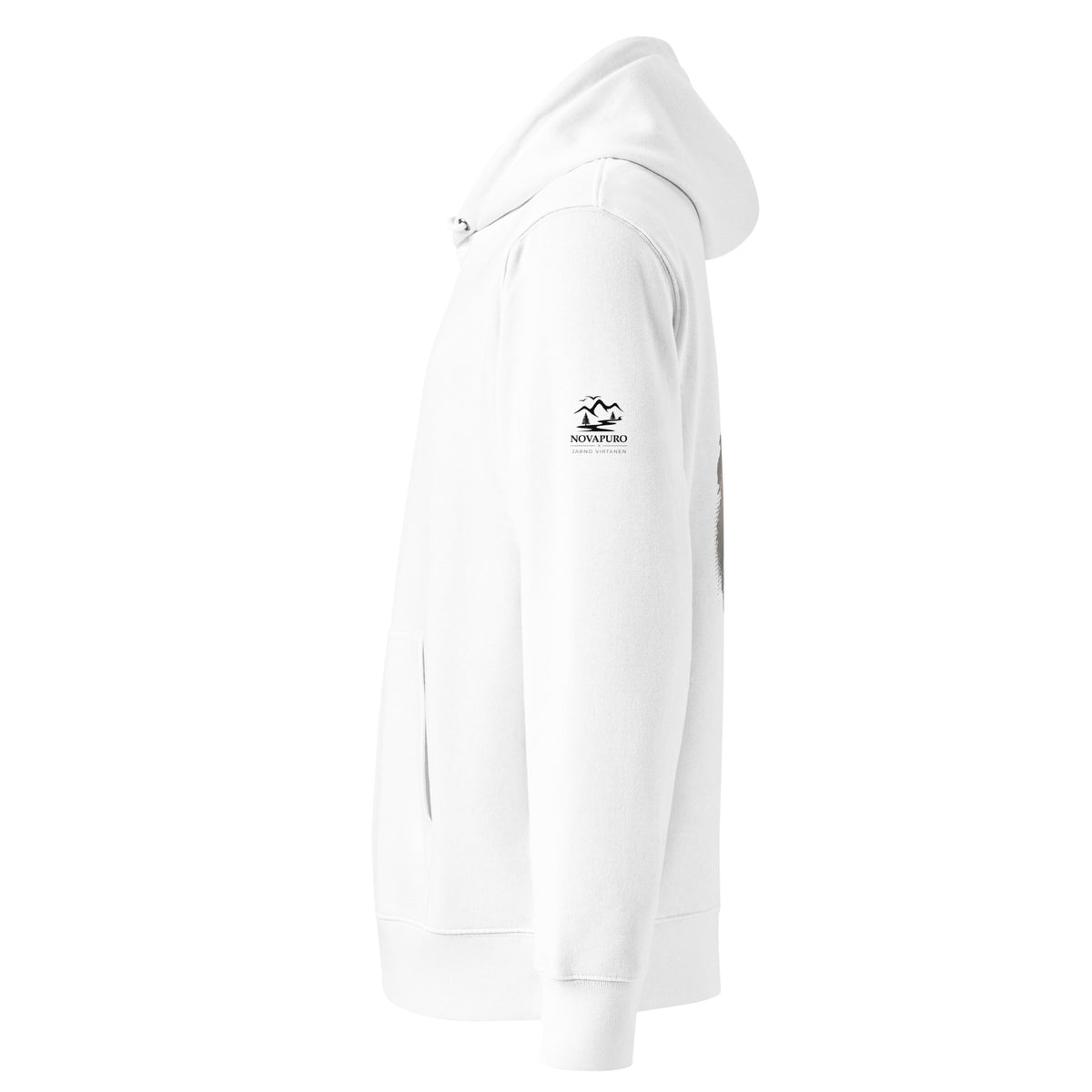 Side view of the sand-colored organic eco hoodie showcasing the comfortable fit and premium sustainable fabric.