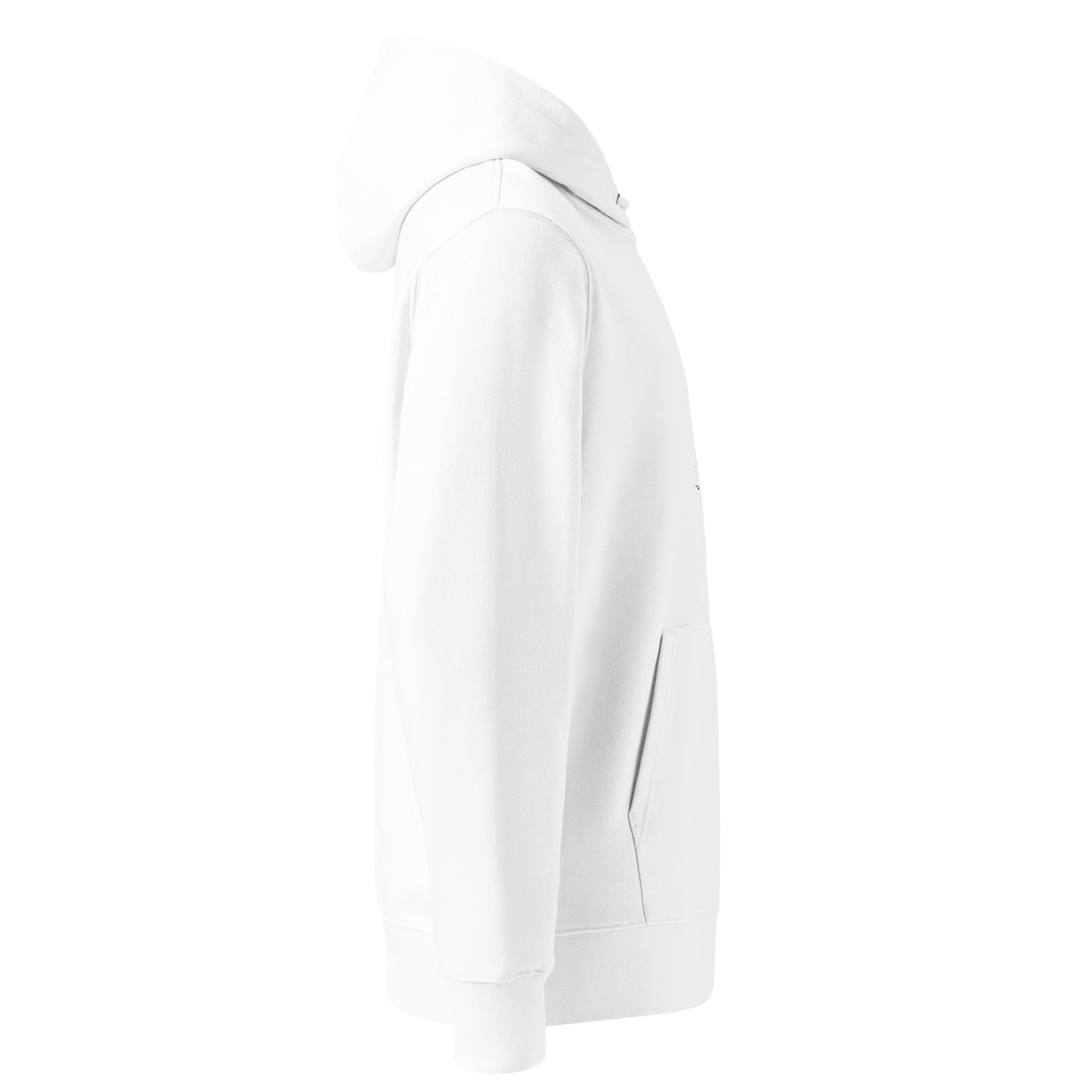 Side view of the clean white Novapuro organic hoodie showing the comfortable regular fit.