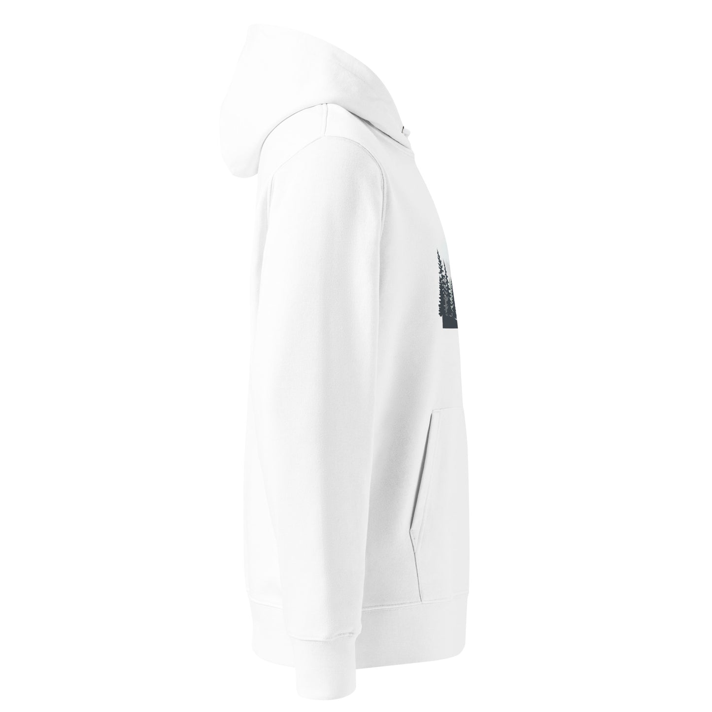 Side view and sleeve fit of the Novapuro Misty Pines sustainable organic hoodie.