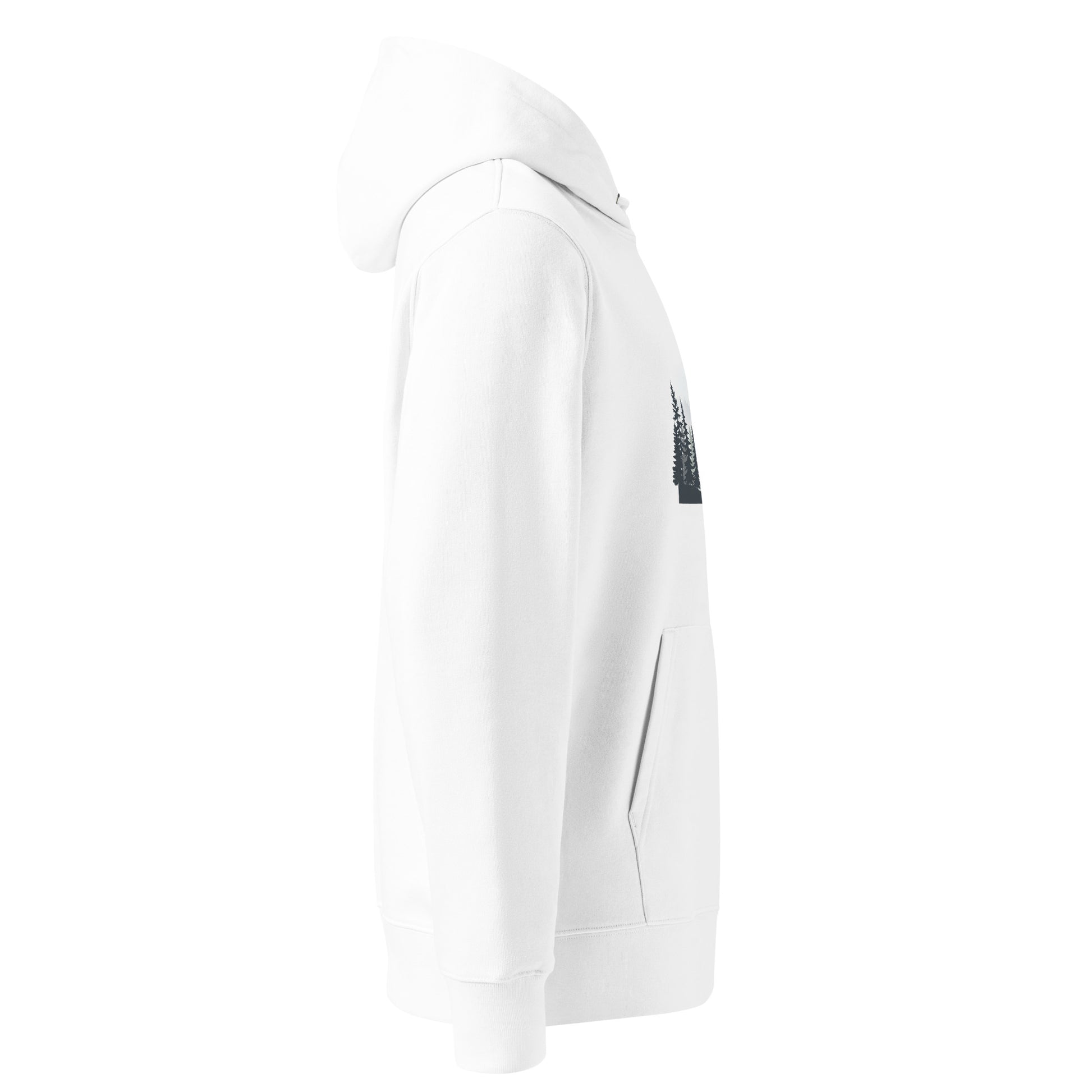 Side view and sleeve fit of the Novapuro Misty Pines sustainable organic hoodie.