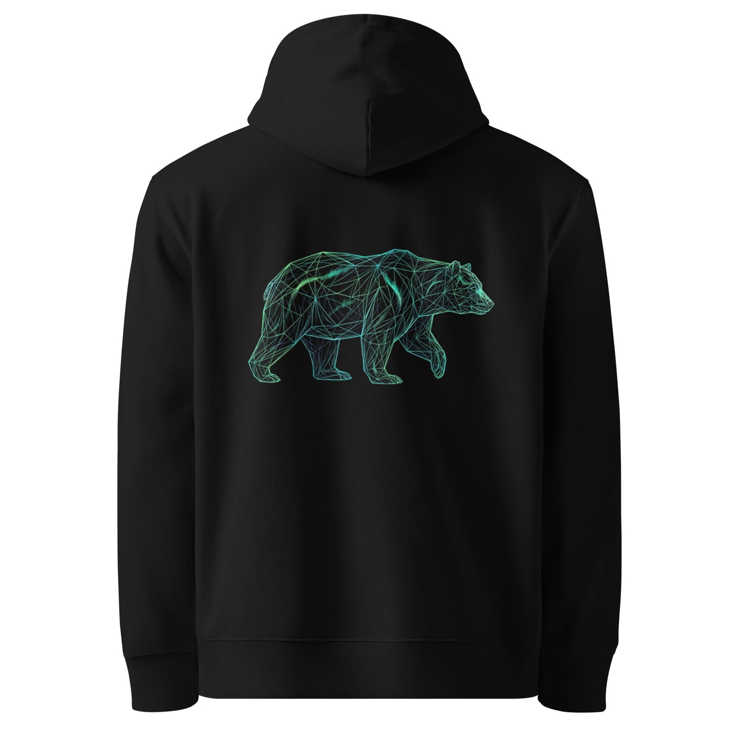 Novapuro Original Revontuli-Otso Premium Hoodie. Sustainable organic cotton hoodie with artistic Northern Lights and bear design. Nordic mythology inspired.