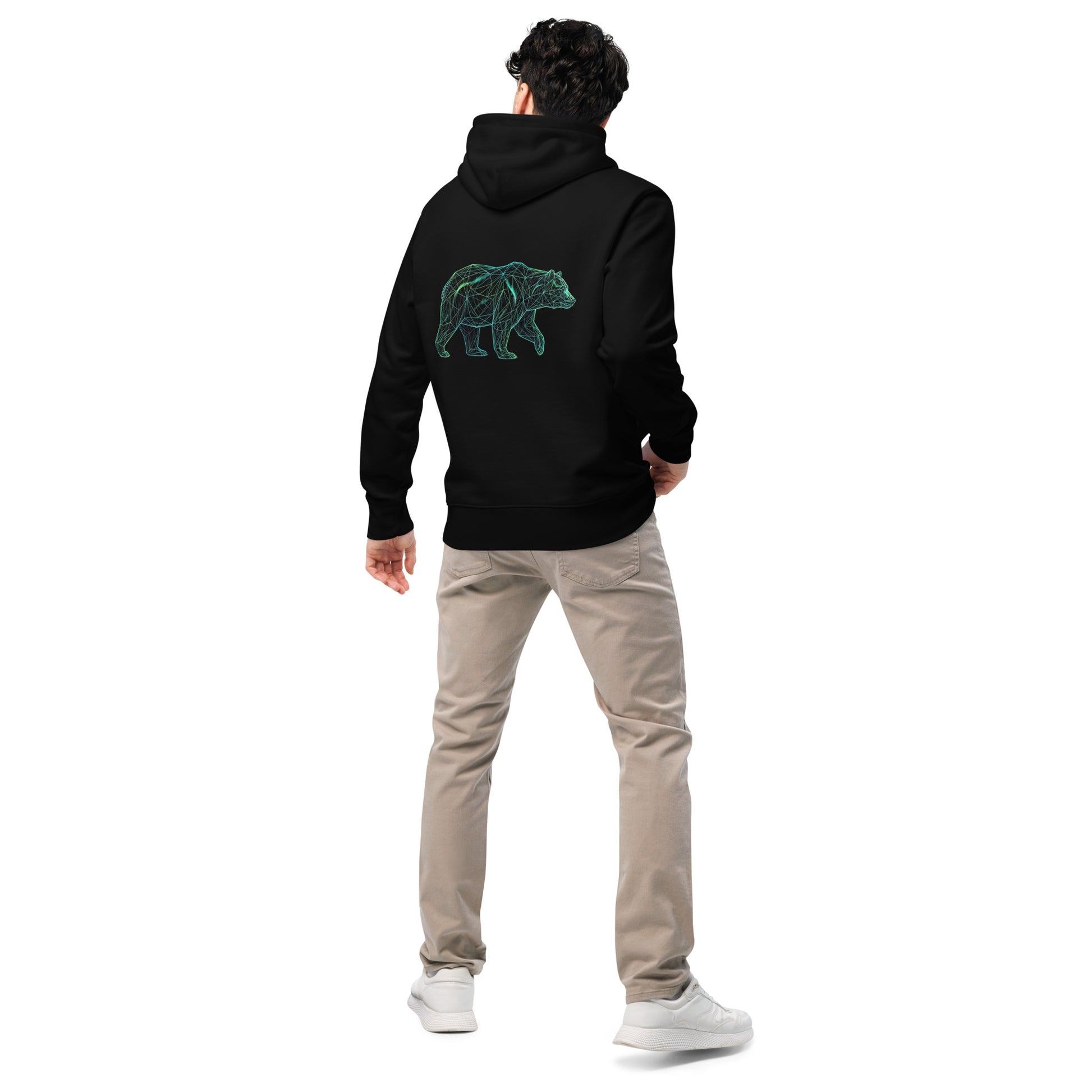 Novapuro Original Revontuli-Otso Premium Hoodie. Sustainable organic cotton hoodie with artistic Northern Lights and bear design. Nordic mythology inspired.