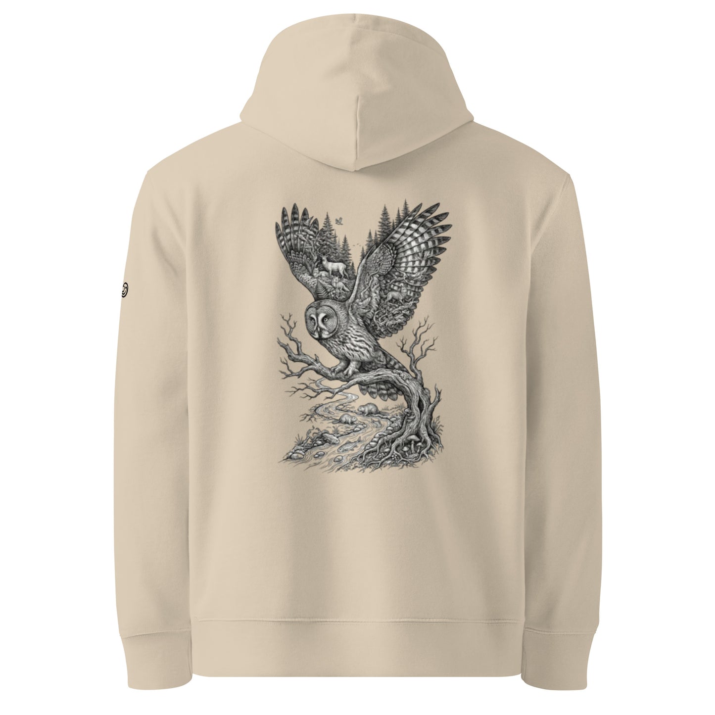 Novapuro Forest Wisdom Premium Organic Hoodie. Large back print illustration of a great grey owl with wings transforming into a Nordic forest. Sustainable streetwear with sleeve logo.
