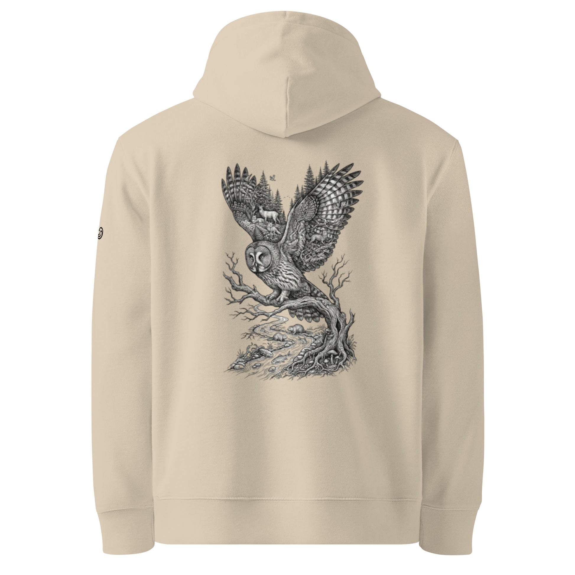 Novapuro Forest Wisdom Premium Organic Hoodie. Large back print illustration of a great grey owl with wings transforming into a Nordic forest. Sustainable streetwear with sleeve logo.