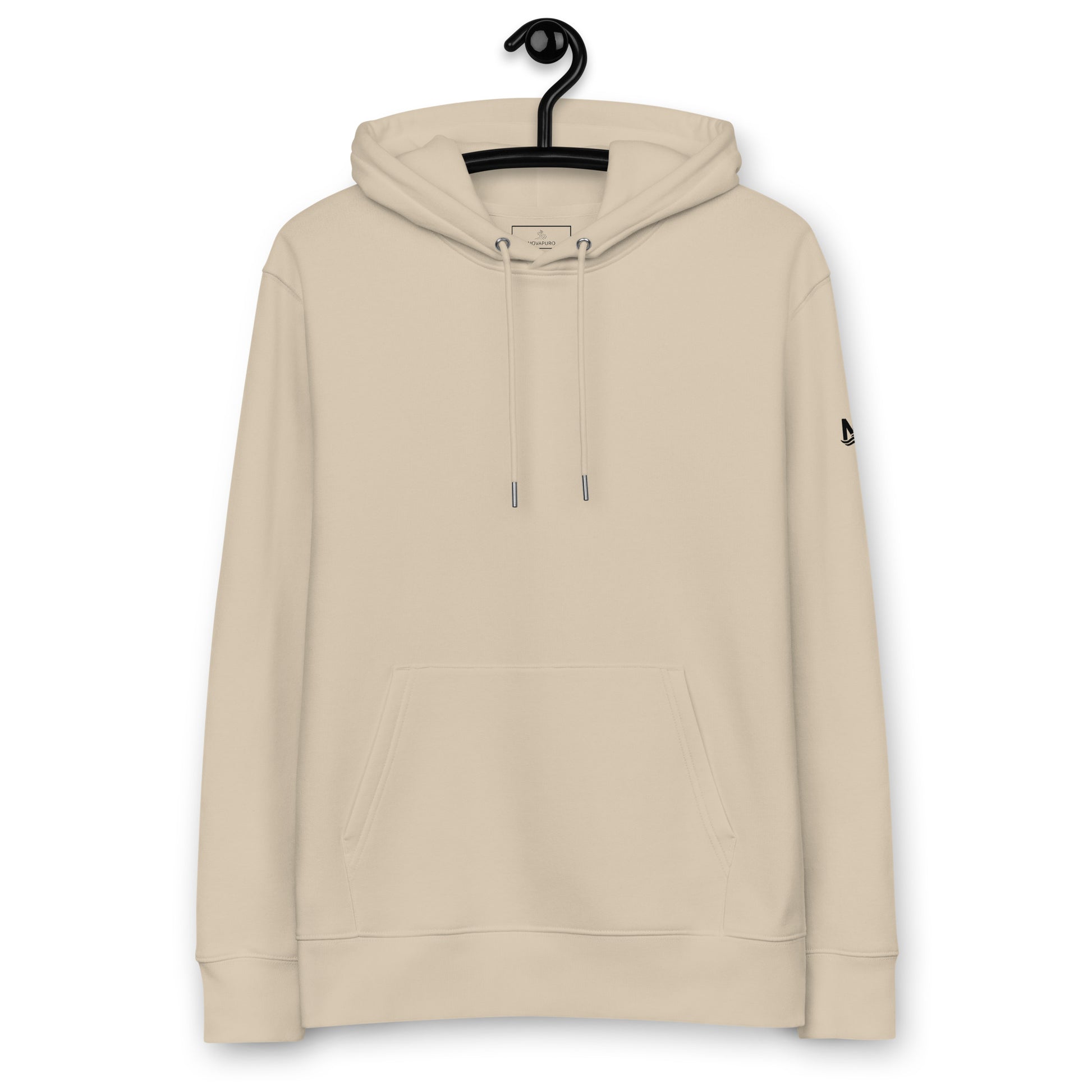 A Desert Dust colored eco-friendly hoodie featuring a large back print of a bald eagle soaring over mountains with a golden sun and the text "GUARDIAN OF THE SKIES".