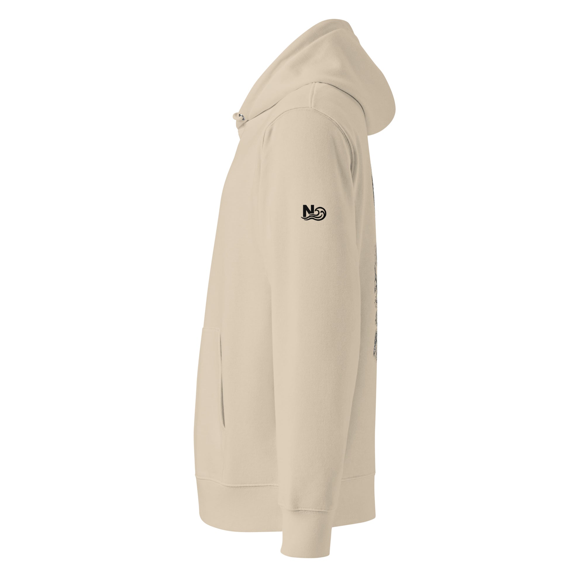 Novapuro Forest Wisdom Premium Organic Hoodie. Large back print illustration of a great grey owl with wings transforming into a Nordic forest. Sustainable streetwear with sleeve logo.