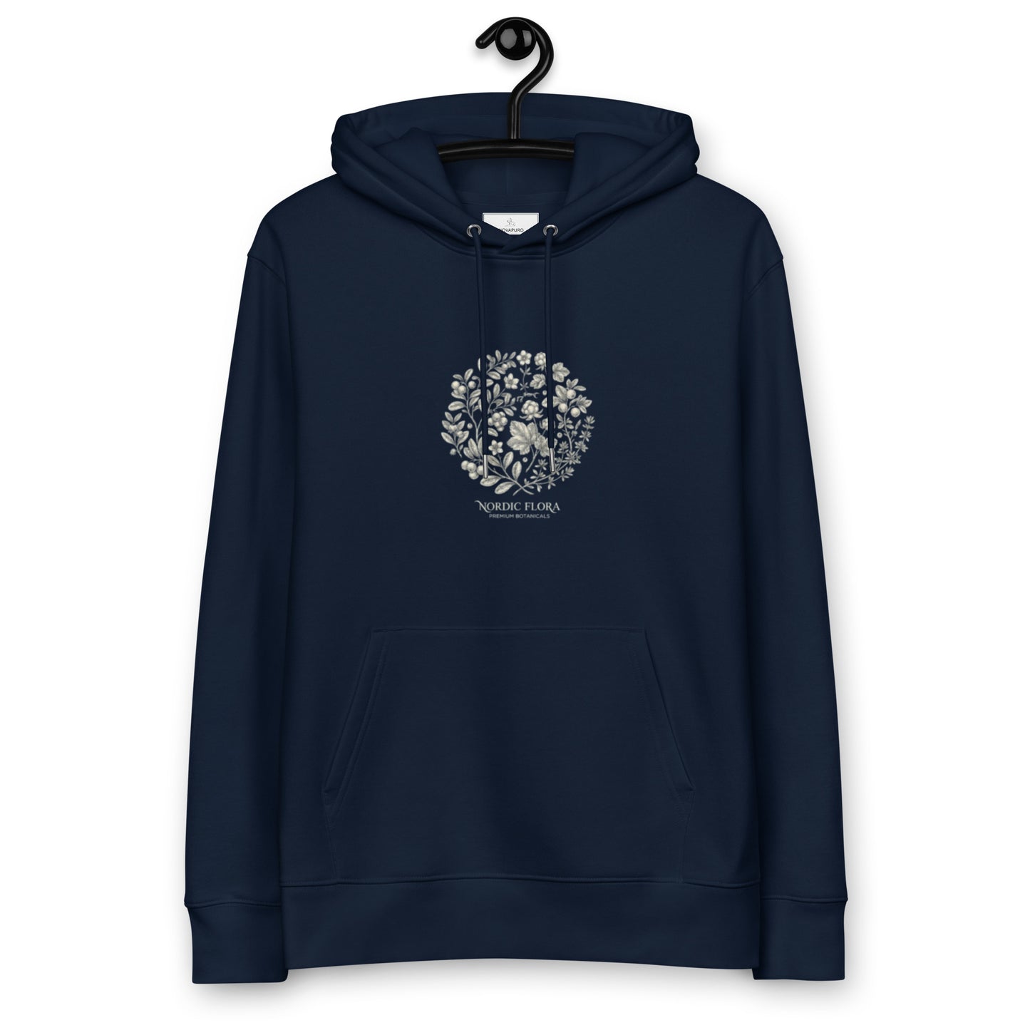 A navy blue premium eco-friendly hoodie featuring a detailed, vintage-style white botanical illustration of Nordic flora on the chest.