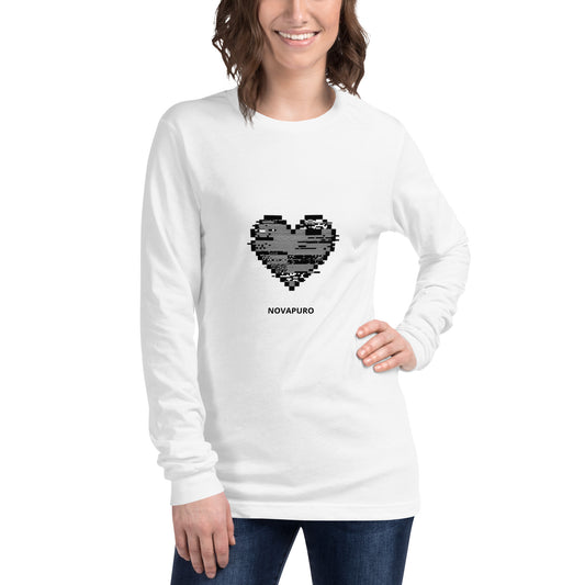 Novapuro Glitch Heart Long Sleeve Tee. Organic cotton long sleeve shirt with modern digital heart graphic. Sustainable unisex fashion.