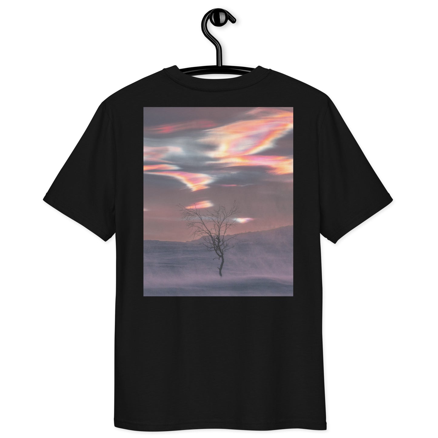 Back view of a black premium organic cotton t-shirt on a hanger, displaying Jetro Luhtaa's Nordic sky photography with colorful nacreous clouds.