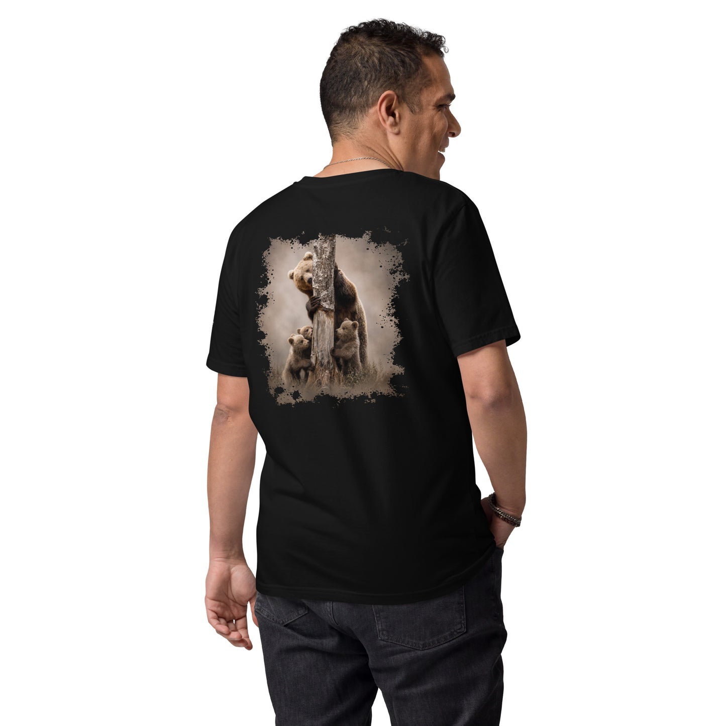 Man wearing a black Novapuro organic eco t-shirt featuring 'The Family Bond' wildlife print on the back by Jarno Virtanen. Sustainable Nordic apparel.