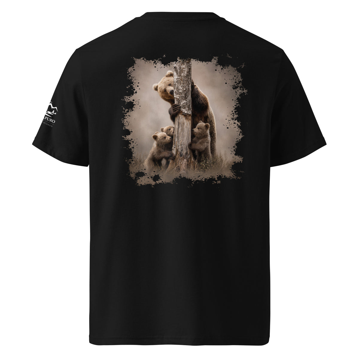 Back view of the black organic cotton t-shirt featuring the heartwarming 'The Family Bond' wildlife photograph by Jarno Virtanen.