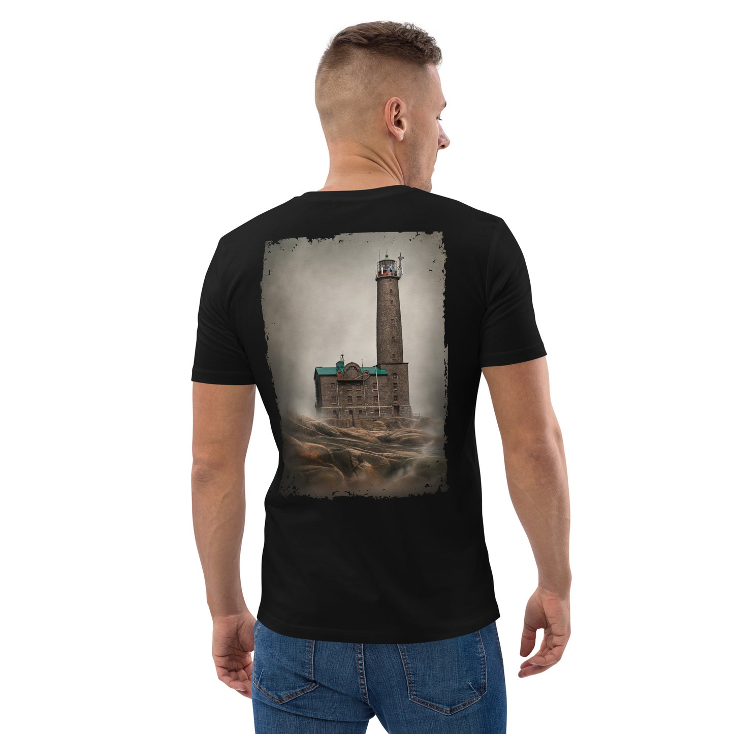 Man wearing a black Novapuro organic eco t-shirt with a historic Bengtskar Lighthouse print on the back by Jarno Virtanen. Sustainable Nordic apparel.