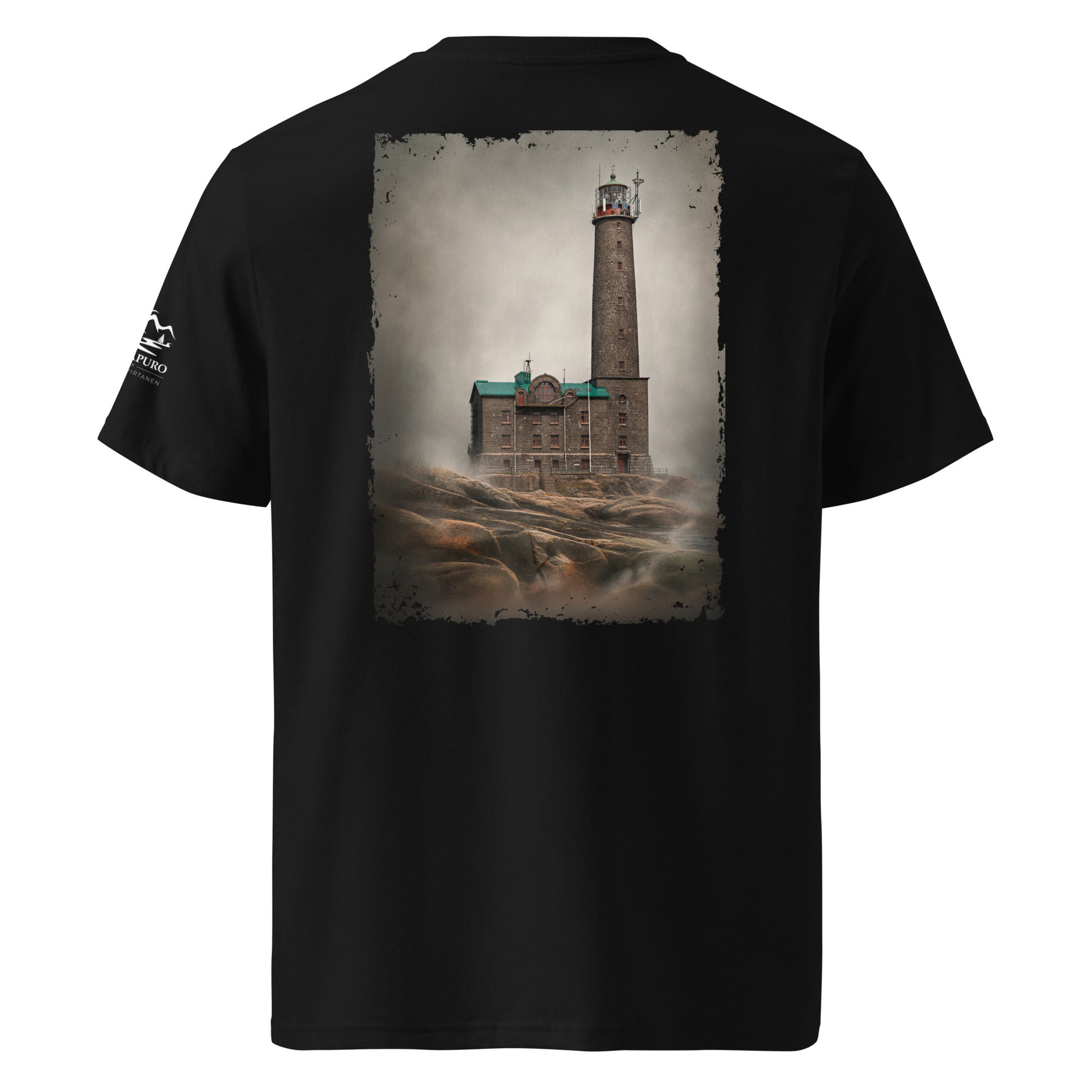 Back view of the black organic cotton t-shirt featuring an authentic Bengtskar Lighthouse photograph by Jarno Virtanen.