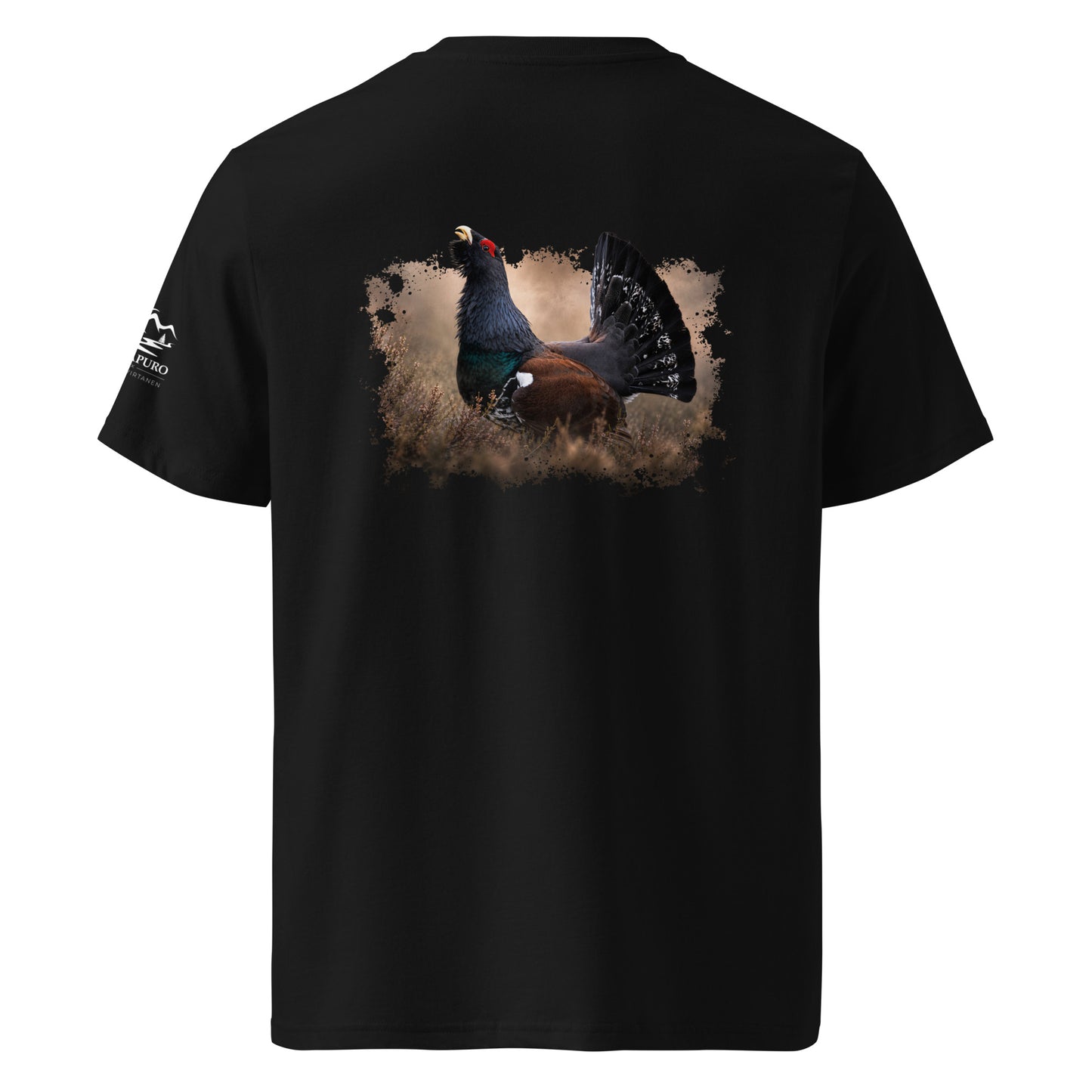 Back view of the black organic cotton t-shirt featuring an authentic Capercaillie wildlife photograph by Jarno Virtanen.