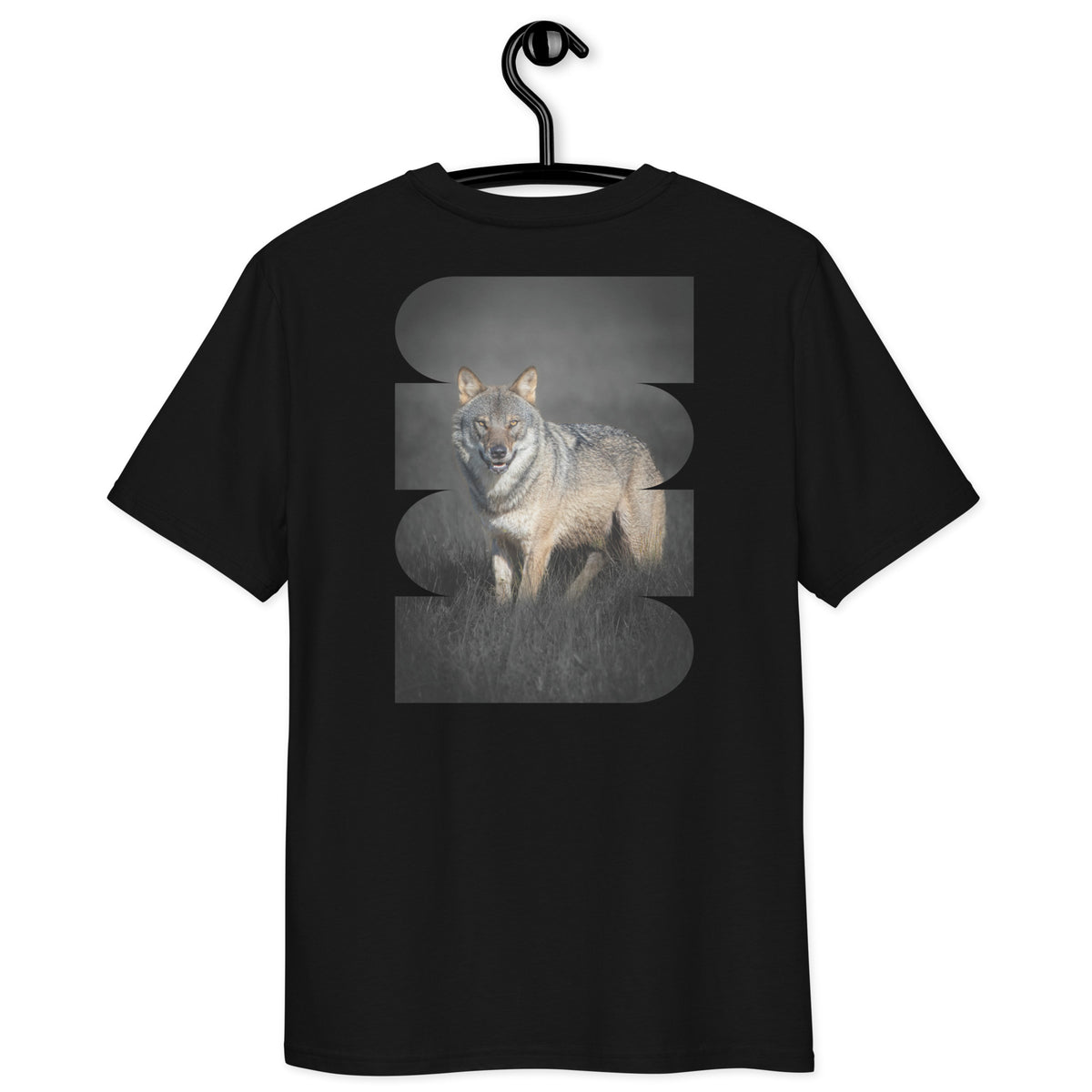 Back view of a black eco-friendly unisex t-shirt featuring the Dark Alpha Wolf design by Auli Leivonen. Premium organic ring-spun cotton.