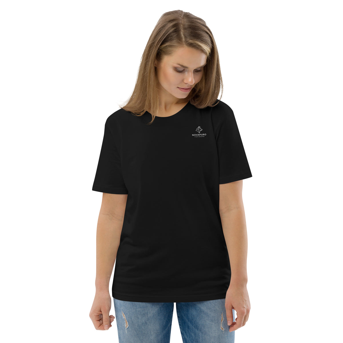Front view of female model wearing a blank black unisex organic t-shirt. Comfortable and sustainable everyday wear by Novapuro.