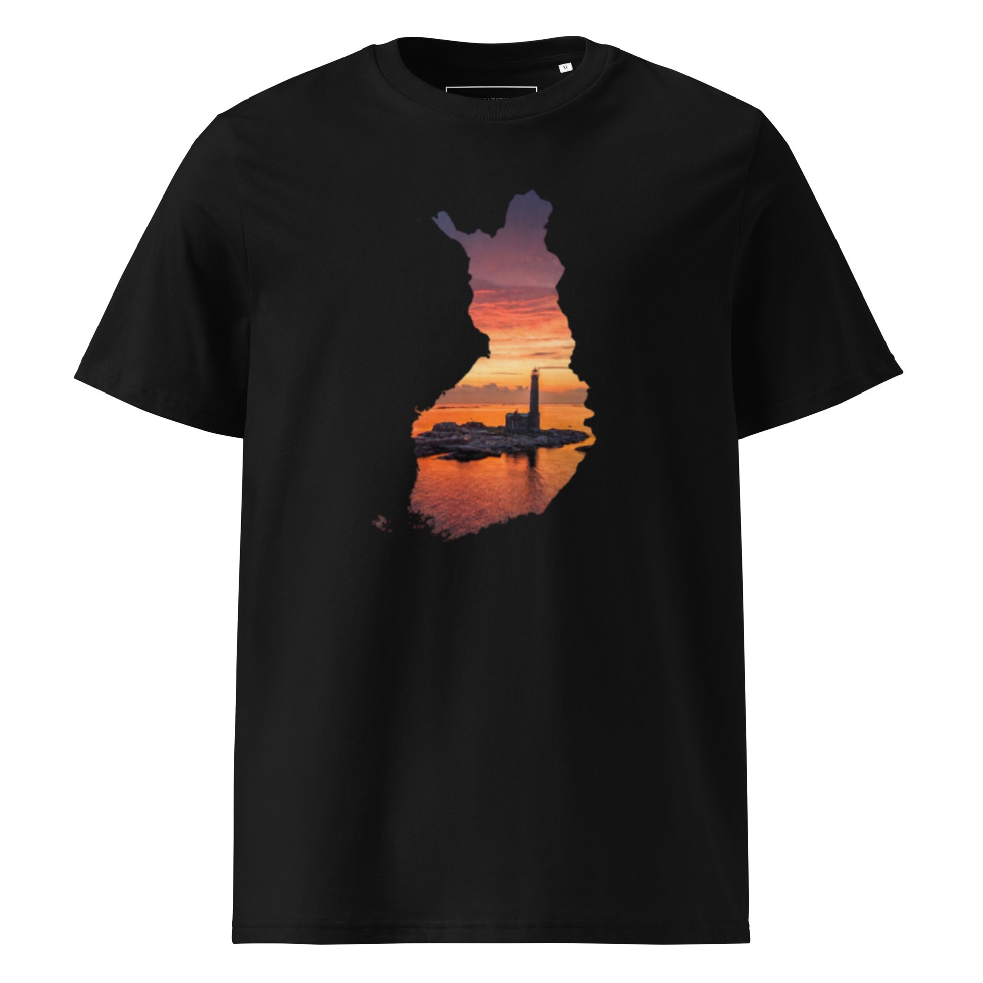Front view of the organic cotton t-shirt featuring Niko Laurila's original lighthouse photography from the Novapuro collaboration capsule