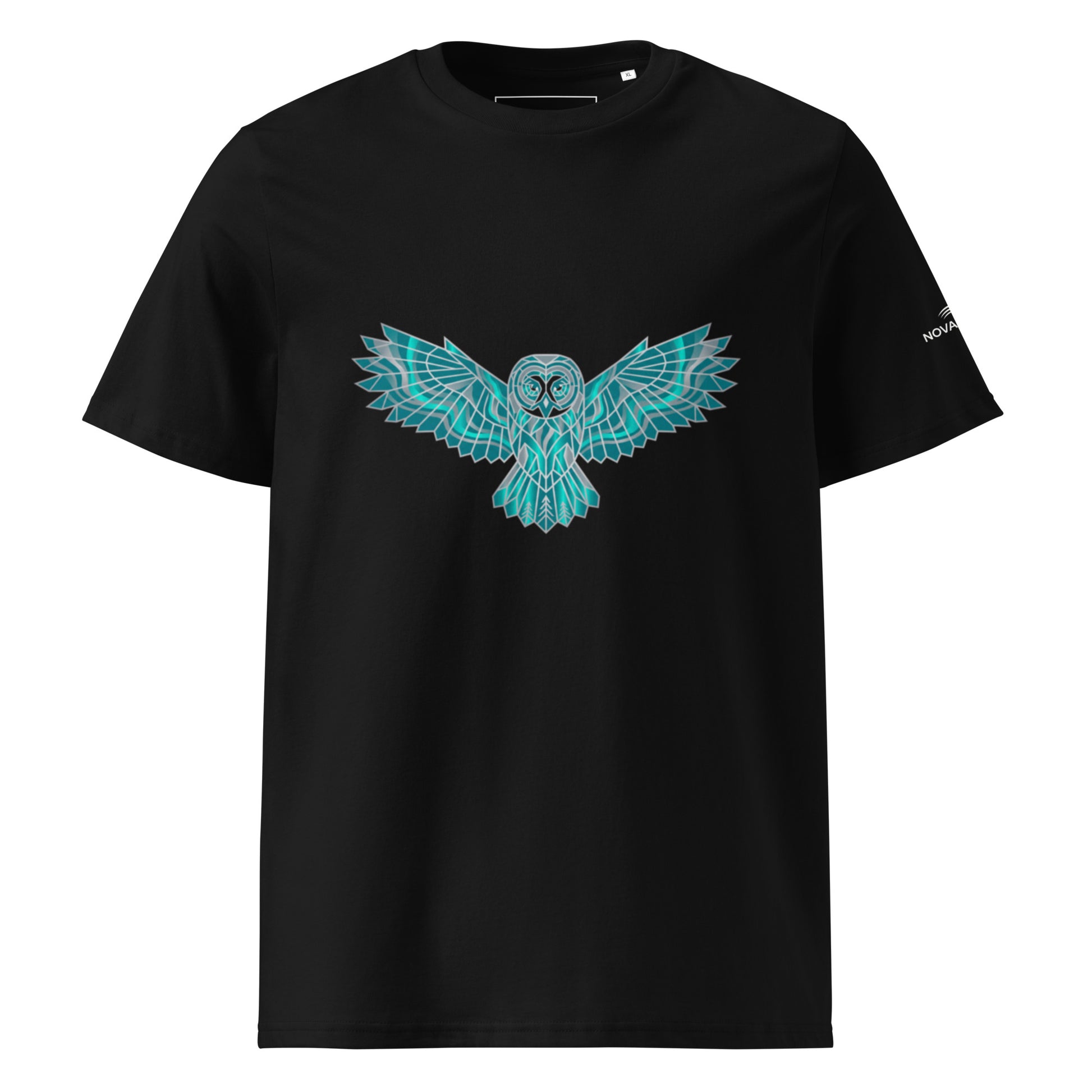 Front view of the black Novapuro premium organic cotton t-shirt displaying the vibrant geometric teal owl design.