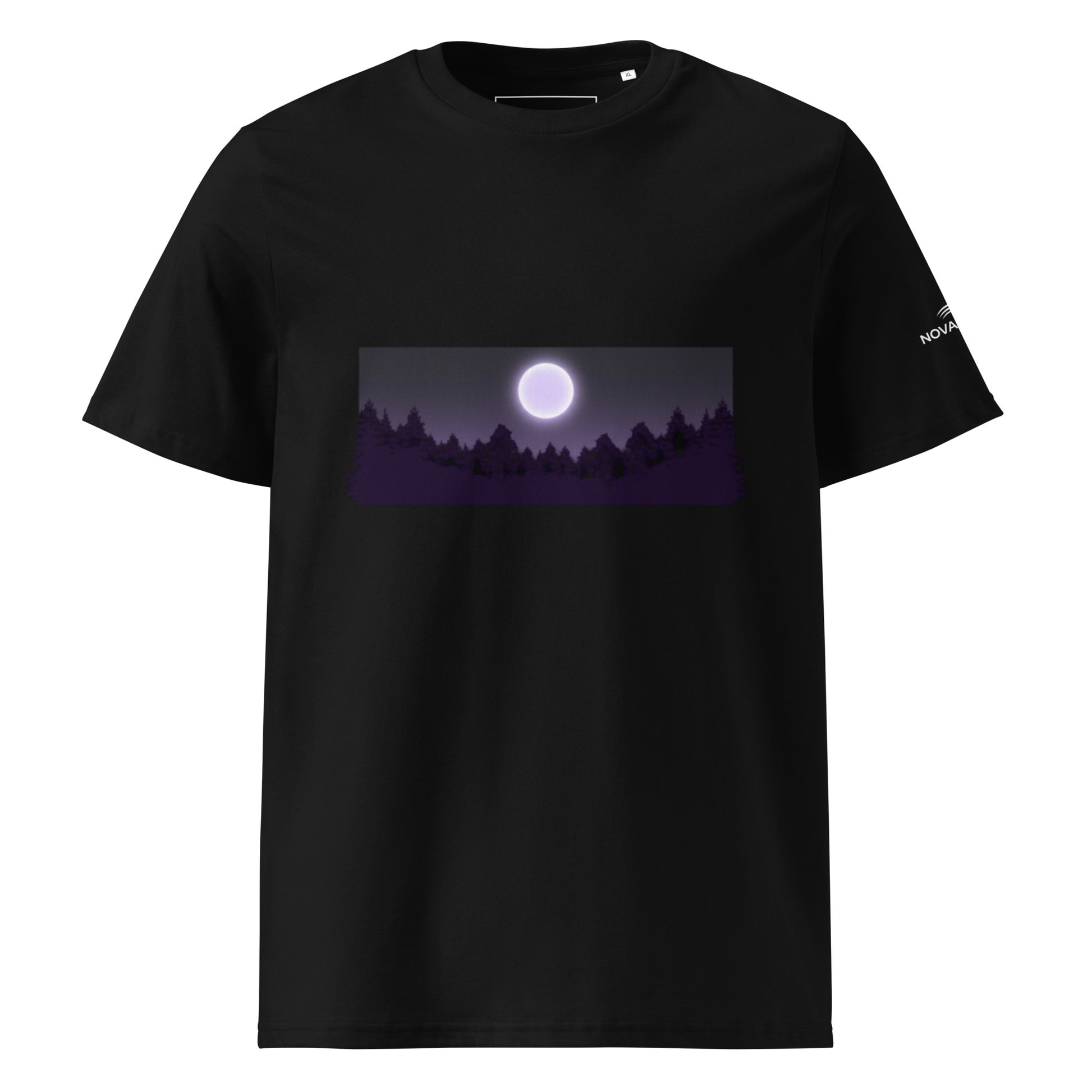 Front view of the black Novapuro premium organic cotton t-shirt displaying the minimalist mystic forest night design.