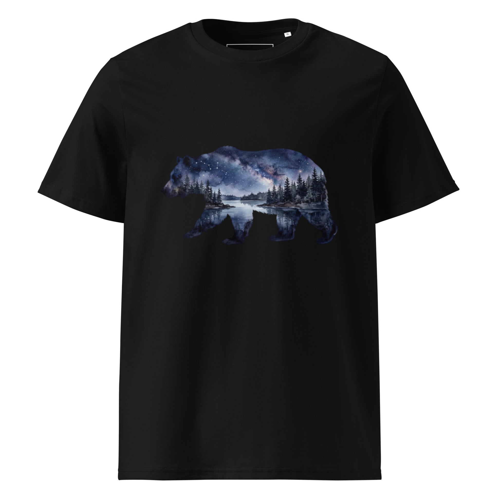 Double exposure bear silhouette graphic with a starry night and lake on a black eco-friendly organic cotton t-shirt by Novapuro.