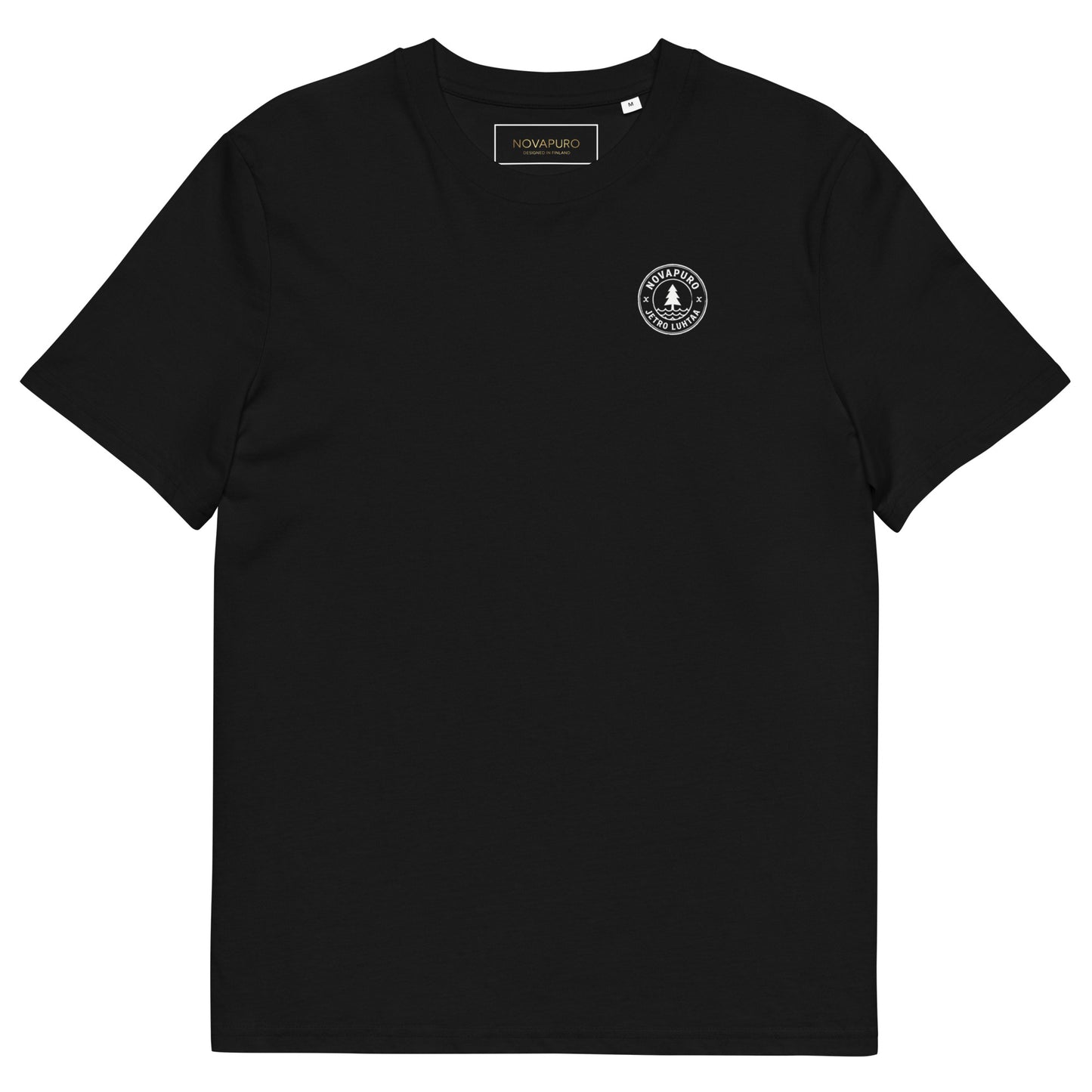 Front view of a minimalist black eco-friendly nature t-shirt made from certified organic cotton.