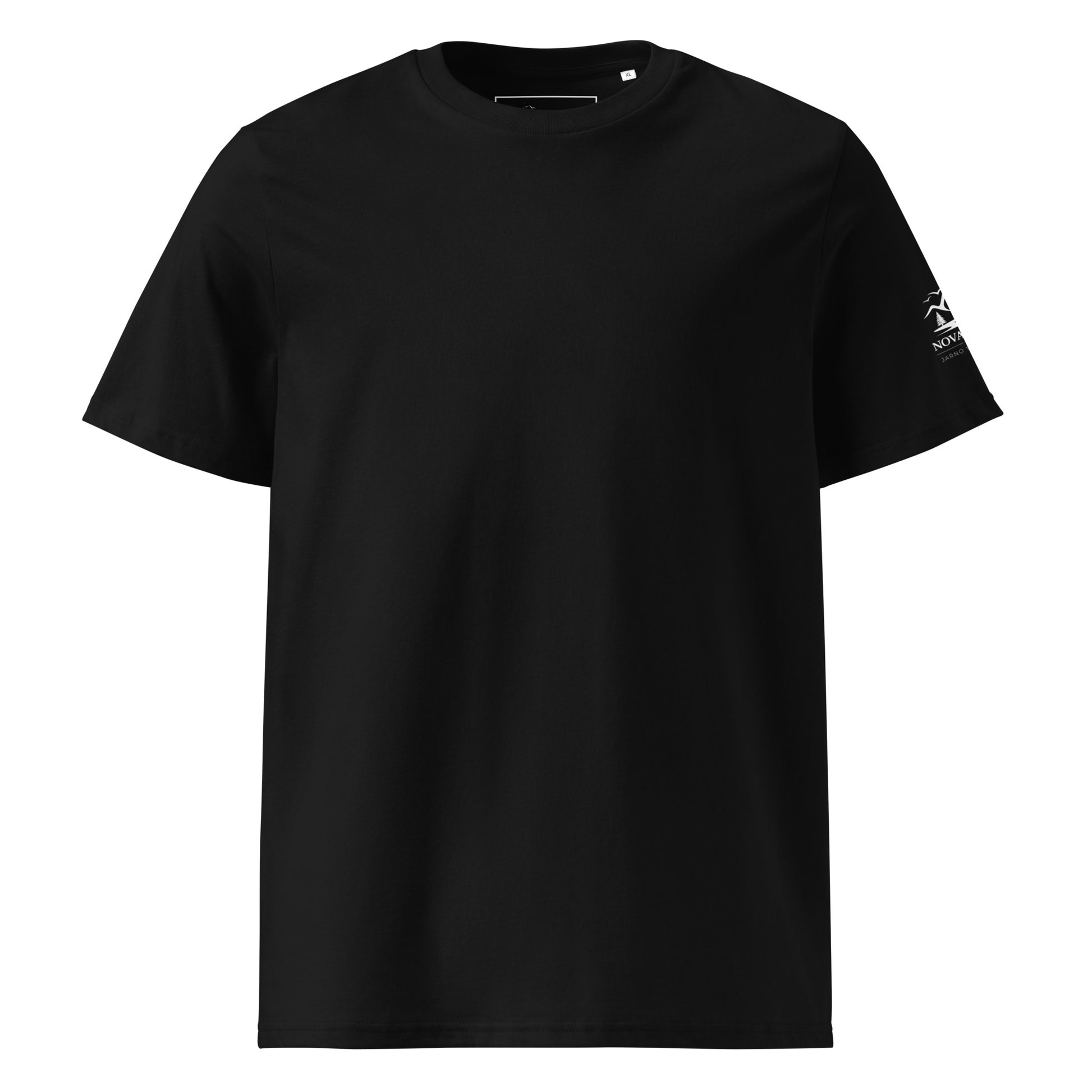 Front view of the black minimalist organic cotton t-shirt by Novapuro.