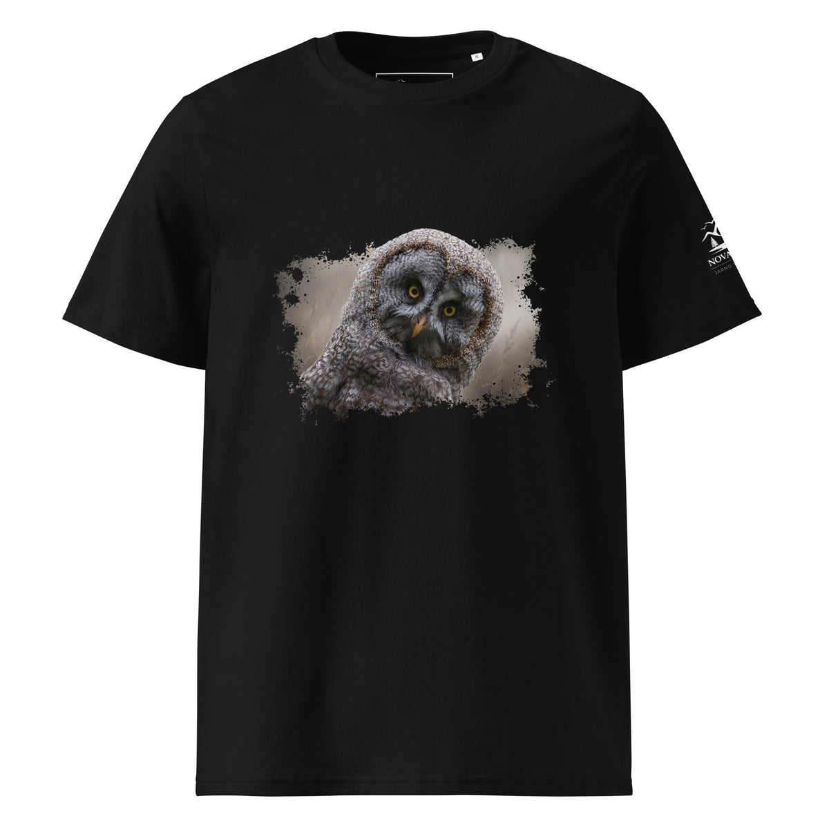 Black organic cotton t-shirt featuring a subtle front emblem from the Novapuro x Jarno Virtanen wildlife collection.