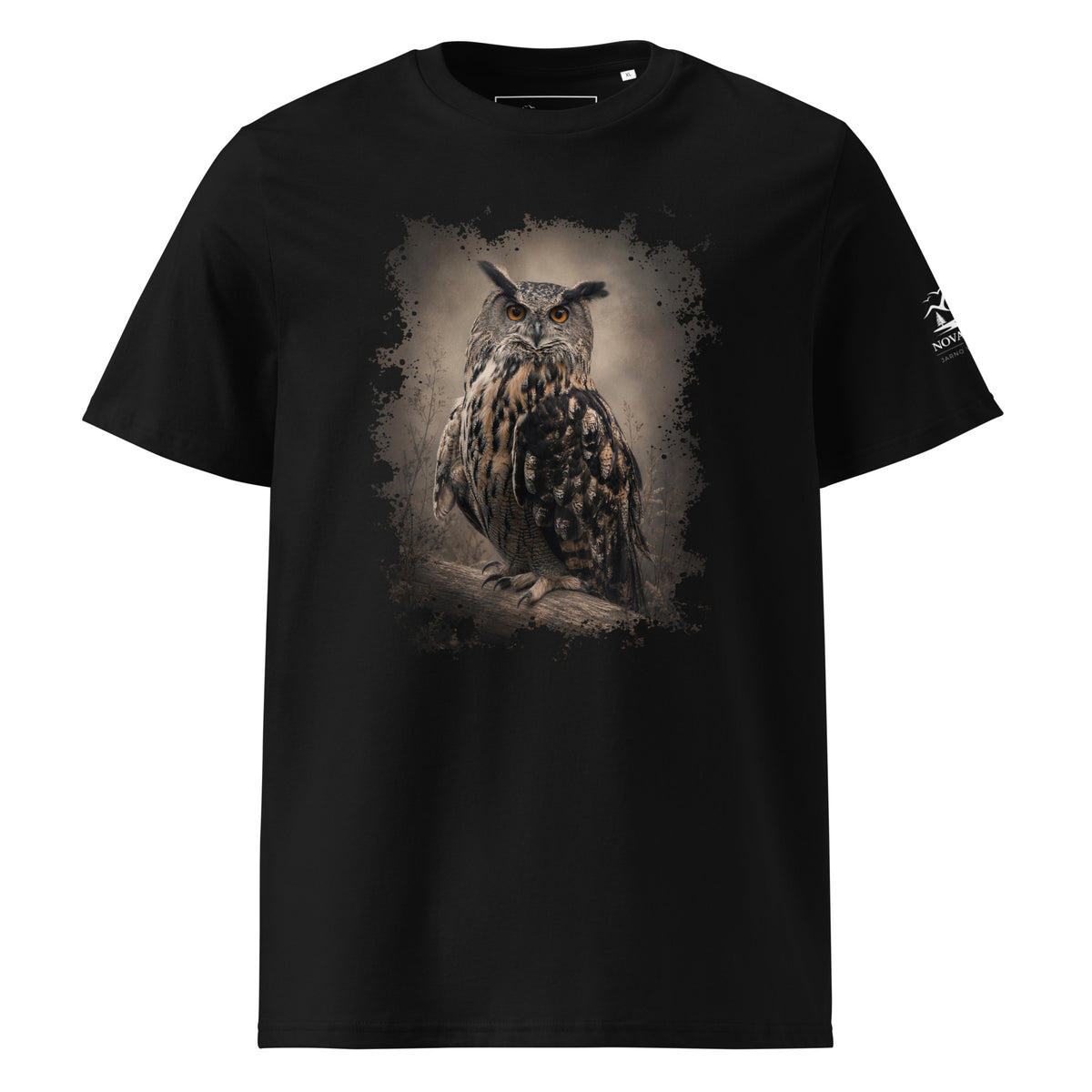 A person modeling the Novapuro black organic cotton eco t-shirt featuring a detailed illustration of a Nordic eagle owl on the front.