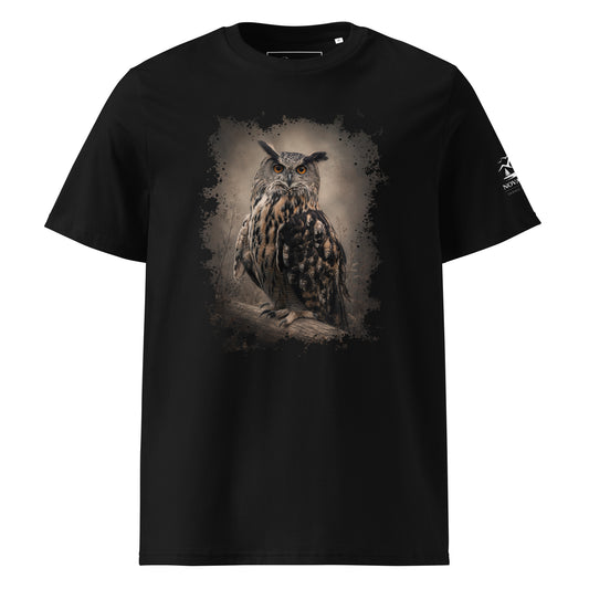 A person modeling the Novapuro black organic cotton eco t-shirt featuring a detailed illustration of a Nordic eagle owl on the front.