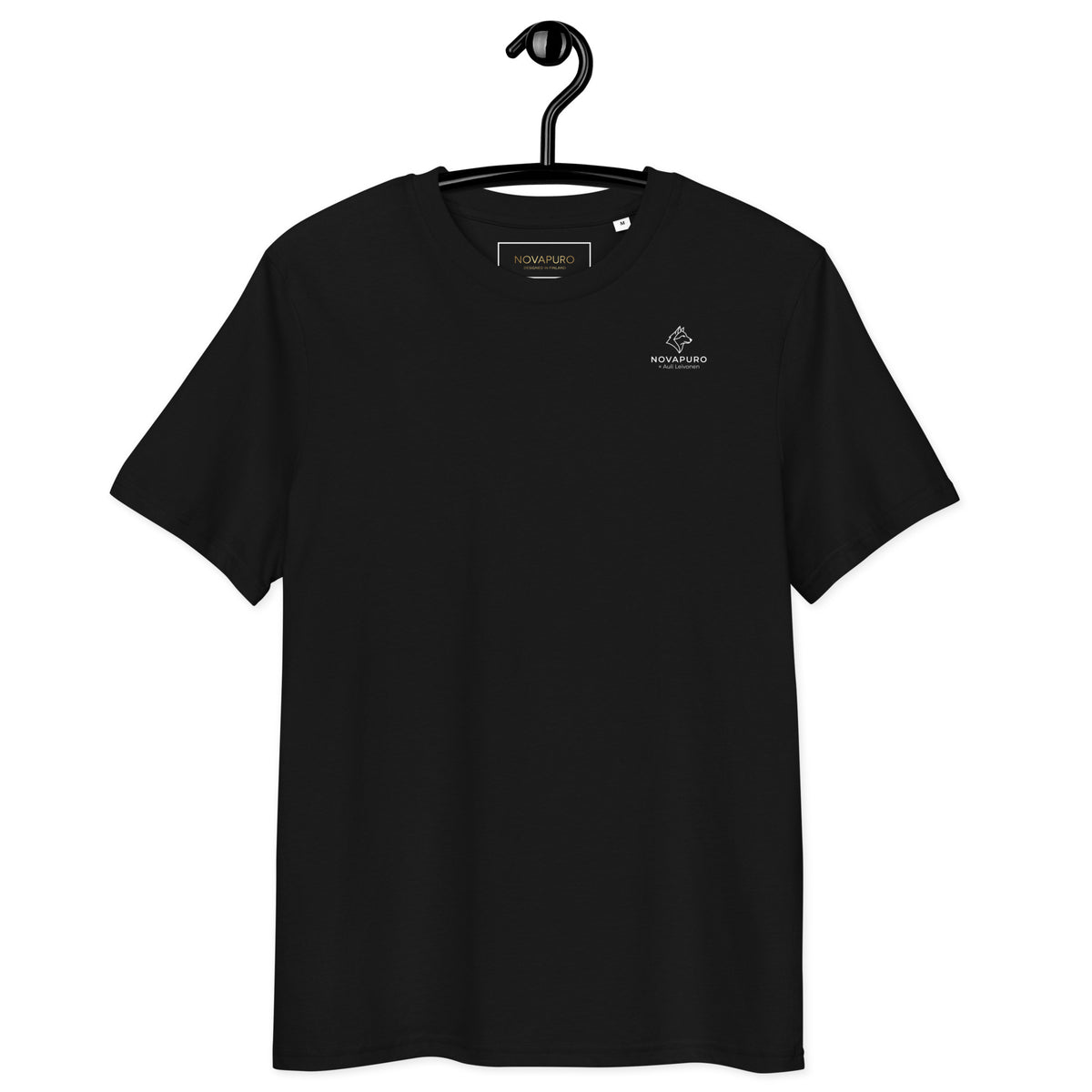 Product mock-up of a premium black organic cotton t-shirt, front view, by Novapuro.