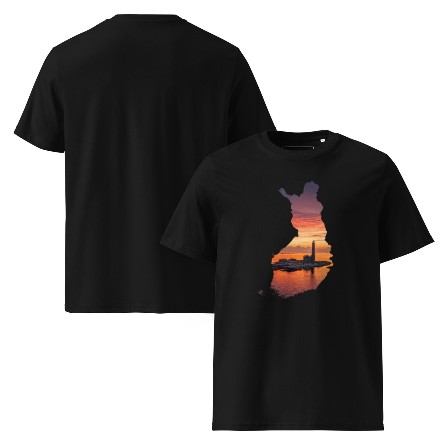 Front view of the organic cotton t-shirt featuring Niko Laurila's original lighthouse photography from the Novapuro collaboration capsule