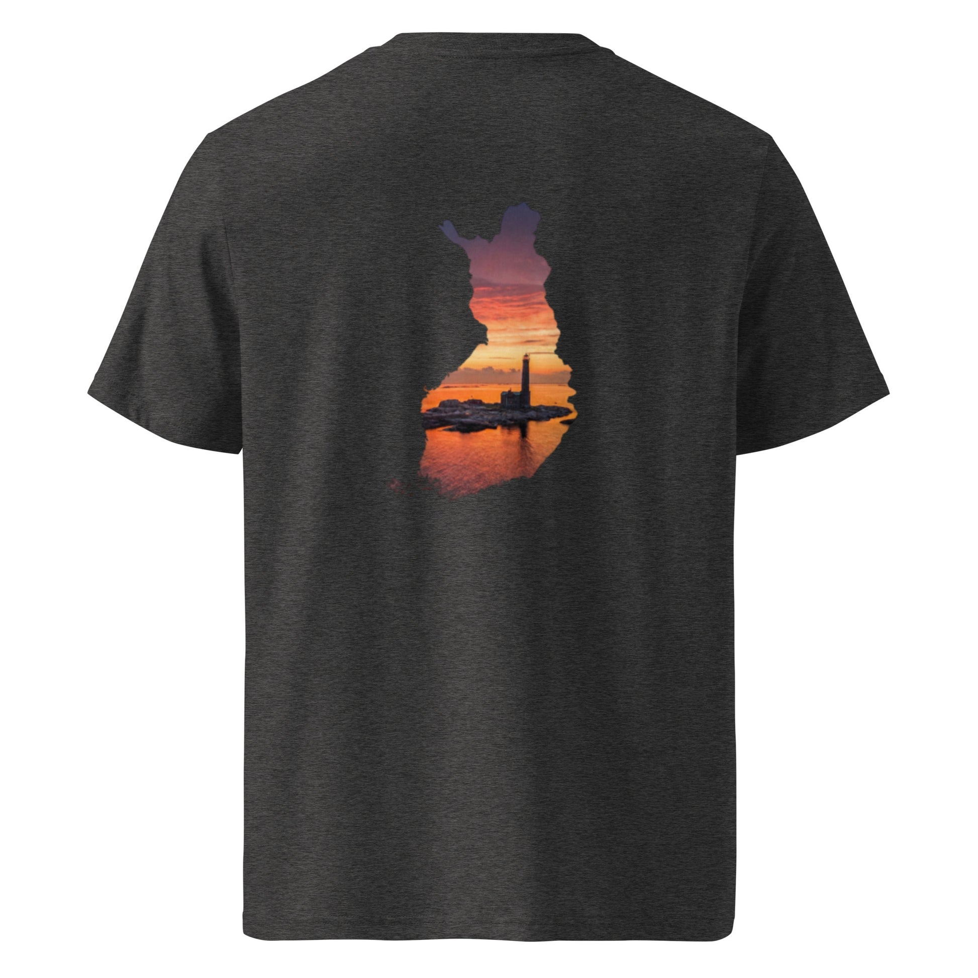 Back view featuring Niko Laurila's lighthouse photography inside a Finland map silhouette on a premium eco tee