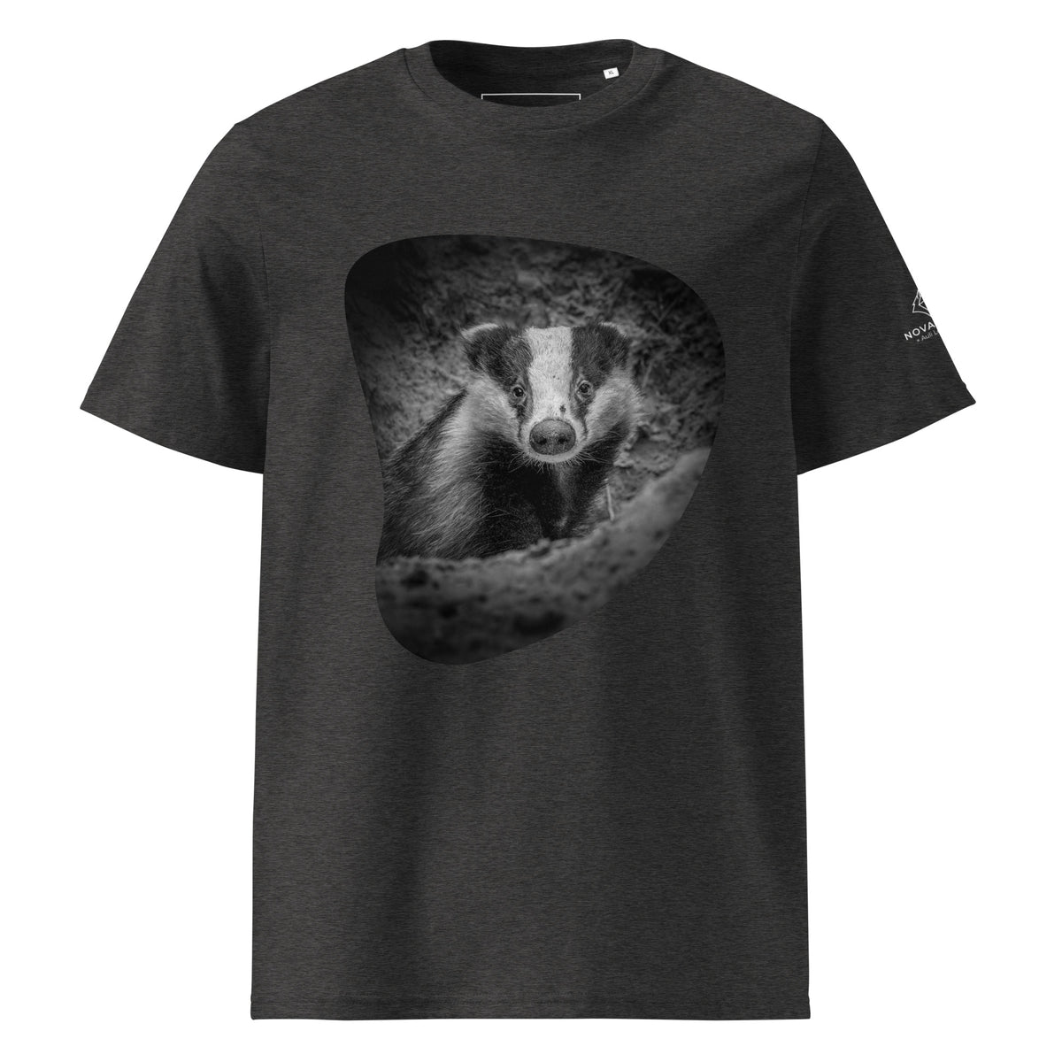 Dark heather organic cotton t-shirt featuring a detailed Nordic badger design on the front and a custom sleeve logo, a sustainable collaboration between Novapuro and Auli Leivonen.