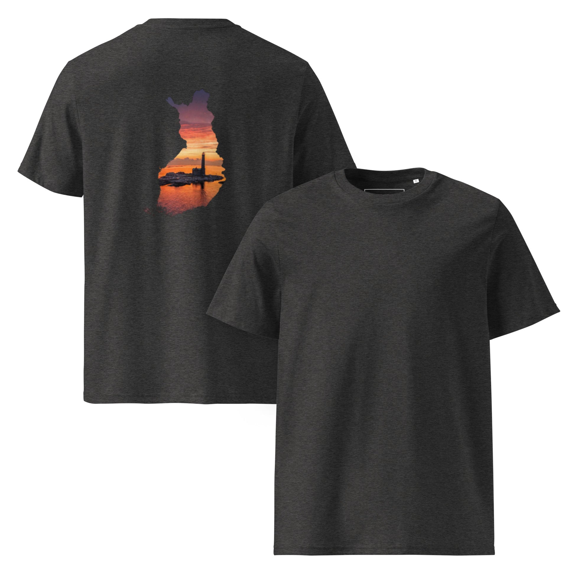 Back view featuring Niko Laurila's lighthouse photography inside a Finland map silhouette on a premium eco tee